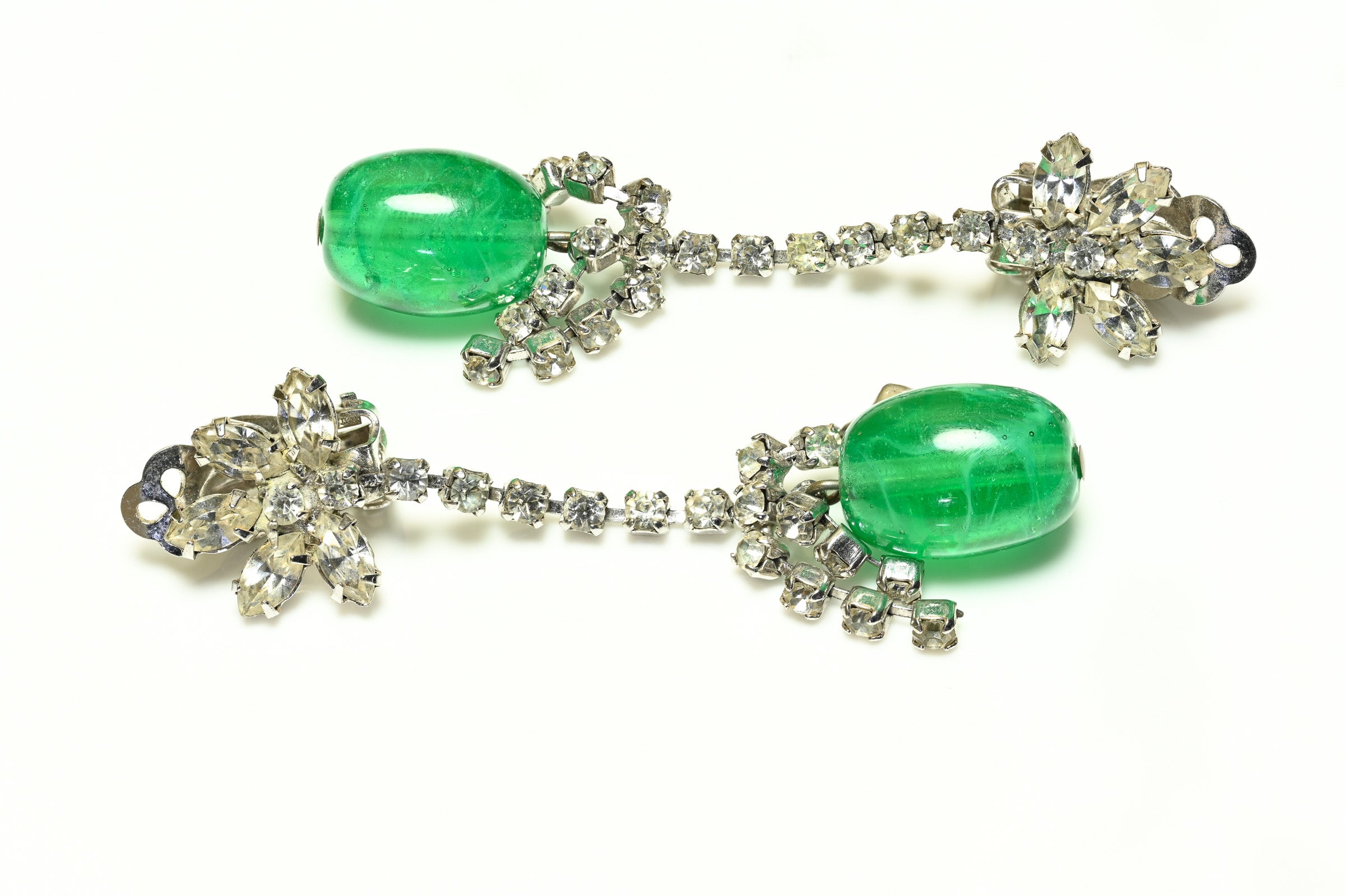 Vintage Long Rhodium Plated Green Glass Drop Earrings