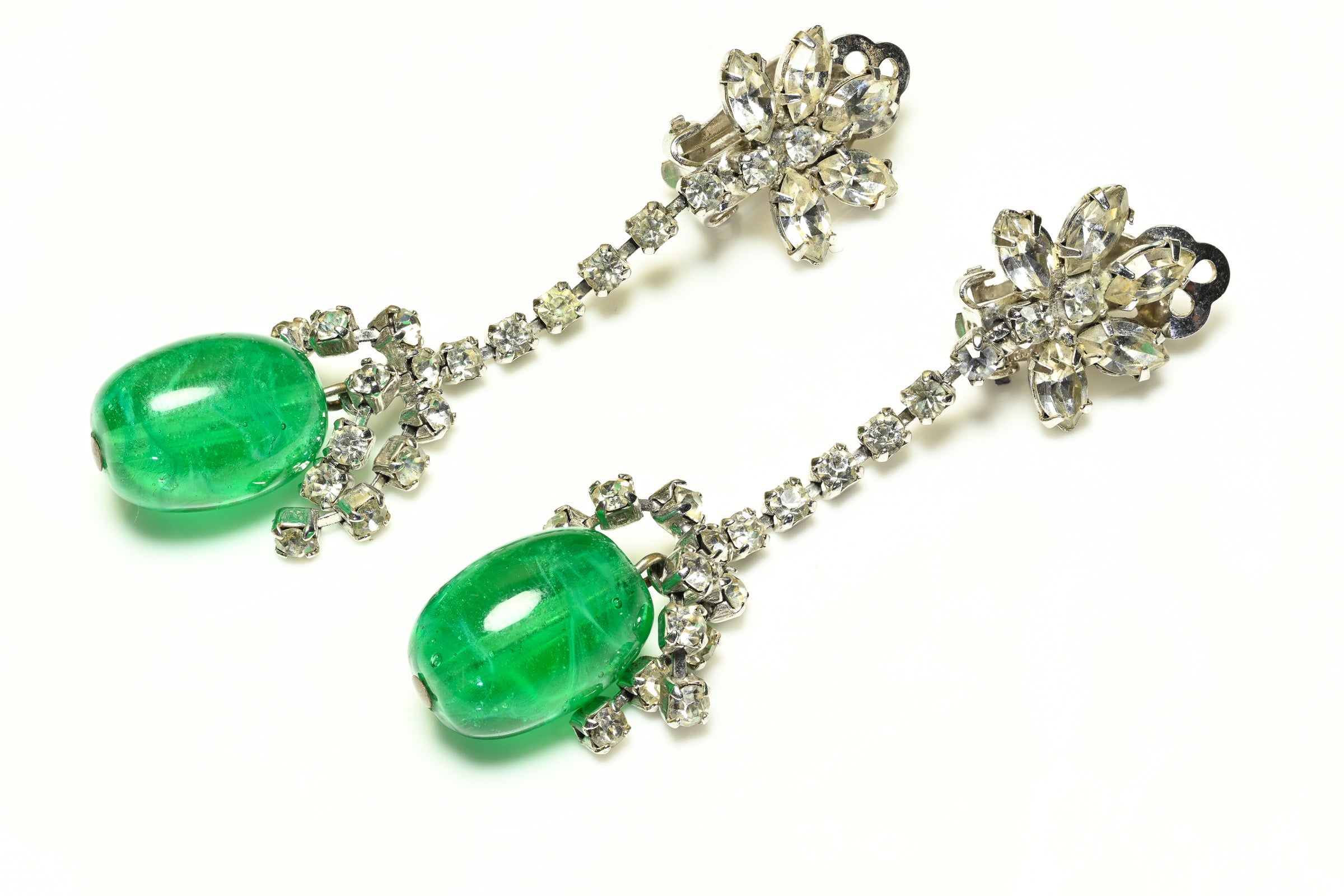 Vintage Long Rhodium Plated Green Glass Crystal Drop Earrings