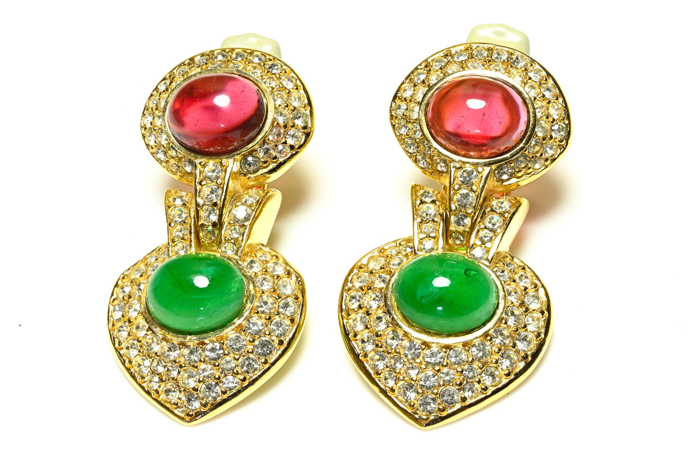 Vintage Ciner Mughal Style Red Green Glass Crystal Earrings