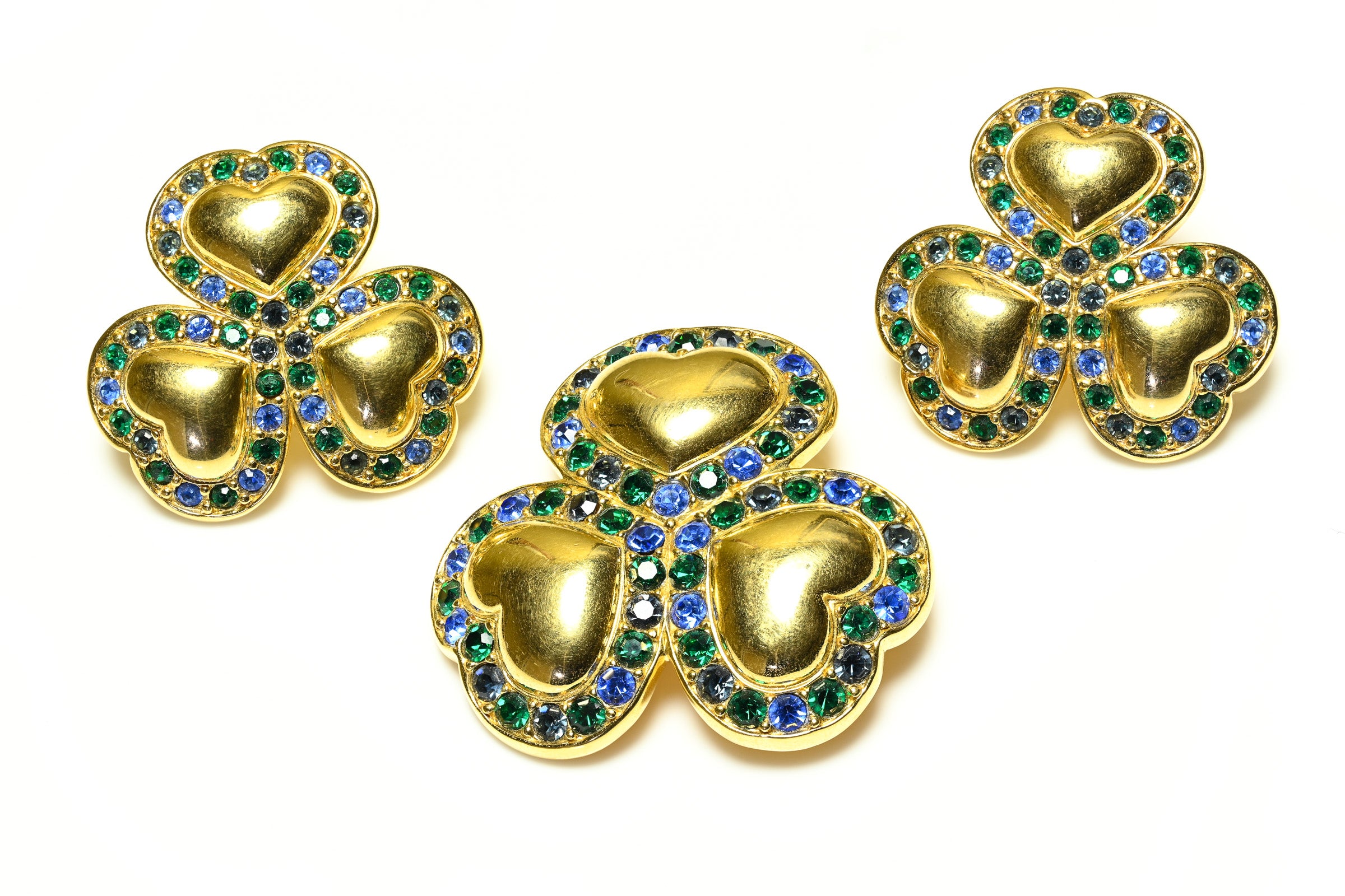 Swarovski Green Blue Crystal Heart Clover Earrings Brooch Set