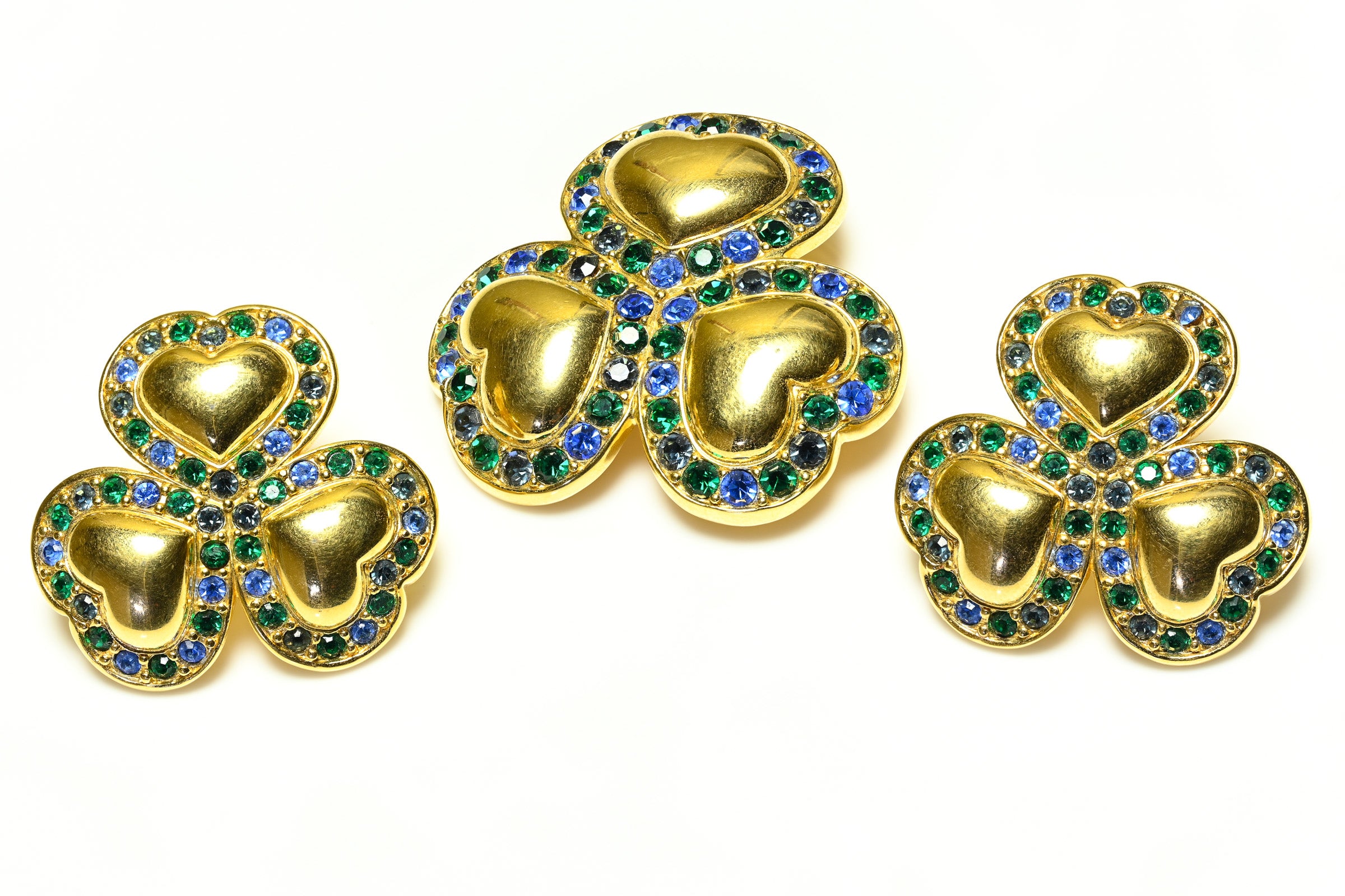 Swarovski Blue Crystal Heart Clover Earrings Brooch Set