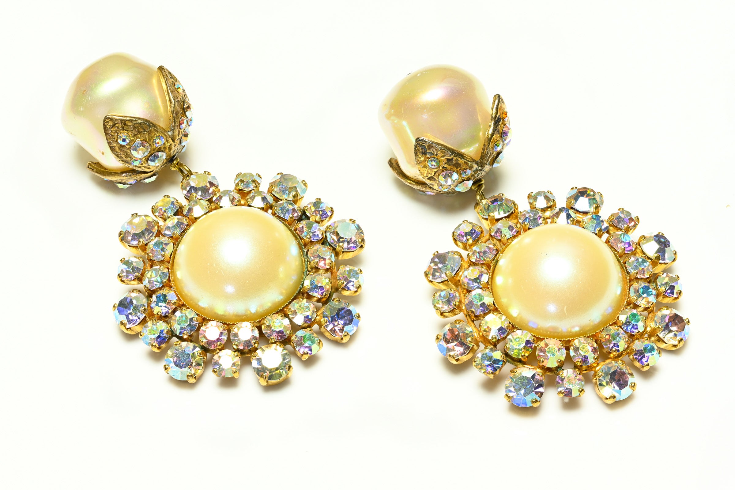 Yves Saint Laurent Rive Gauche Aurora Borealis Crystal Pearl Earrings
