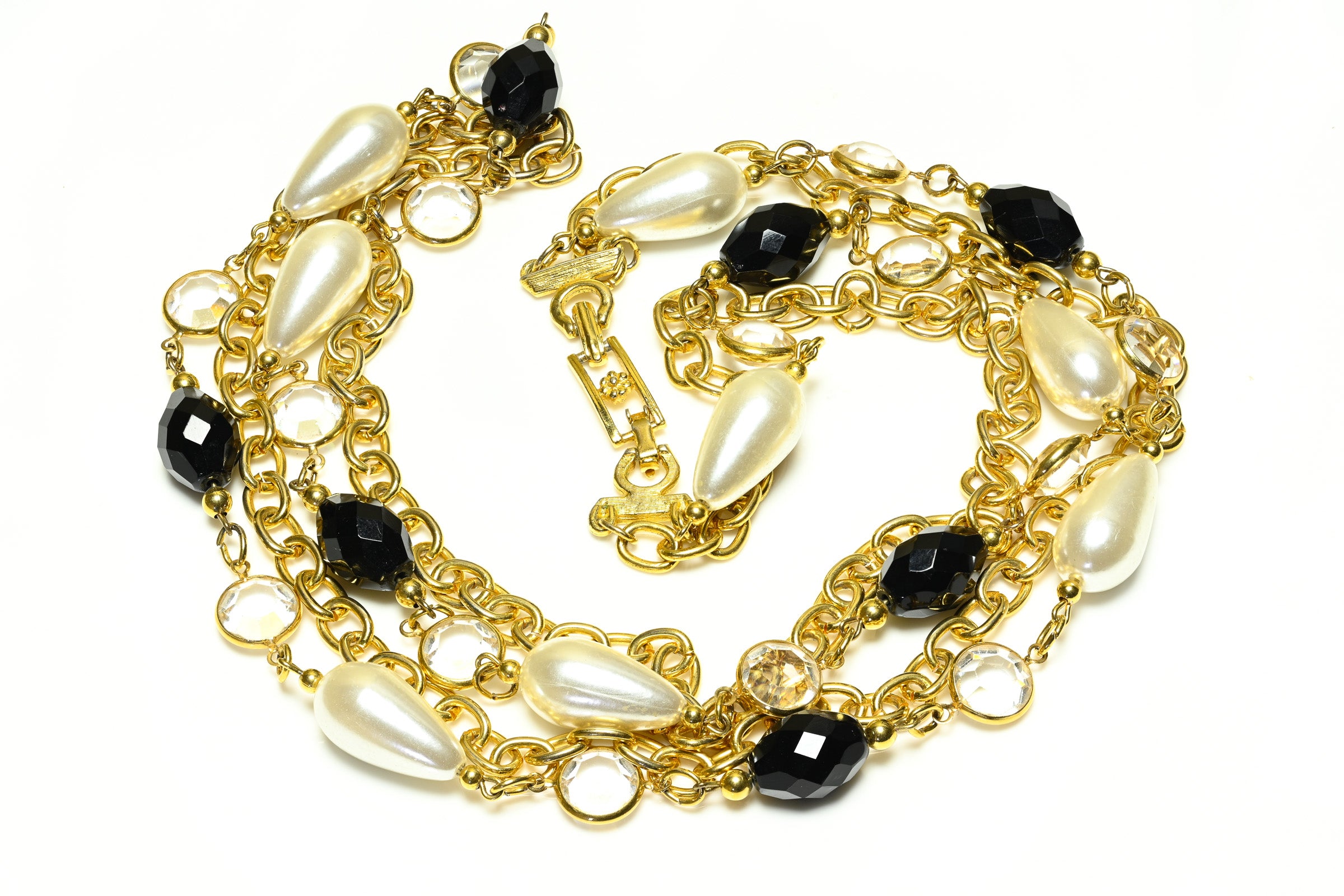 Vintage Black Crystal Pearl Chiclet Sautoir Necklace