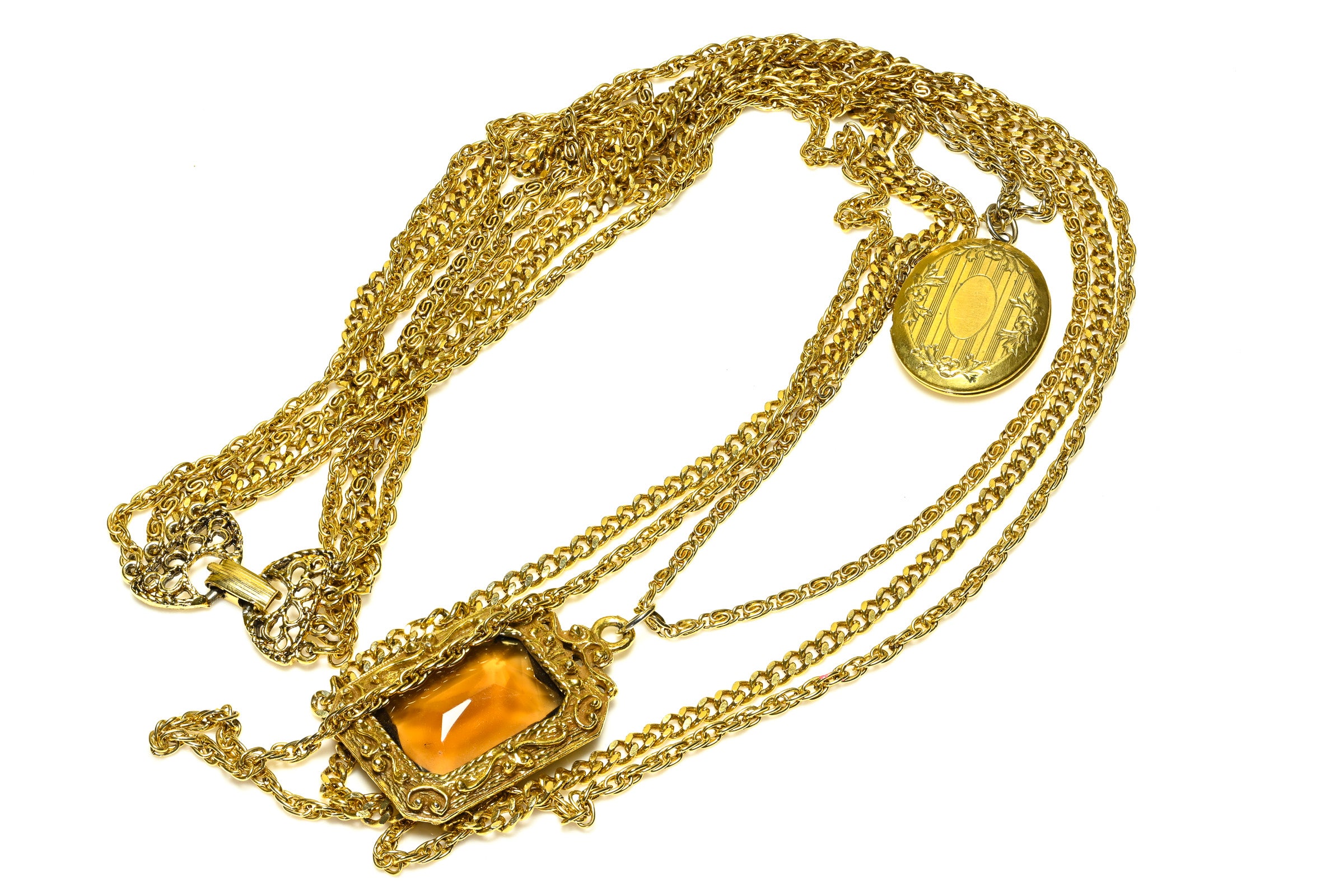Vintage Goldette NY Brown Crystal Locket Chain Necklace