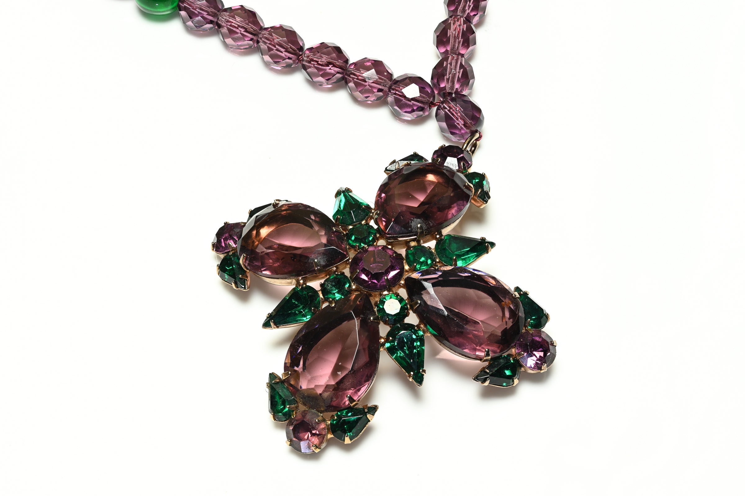 Les Bernard Purple Green Crystal Cross Pendant Necklace