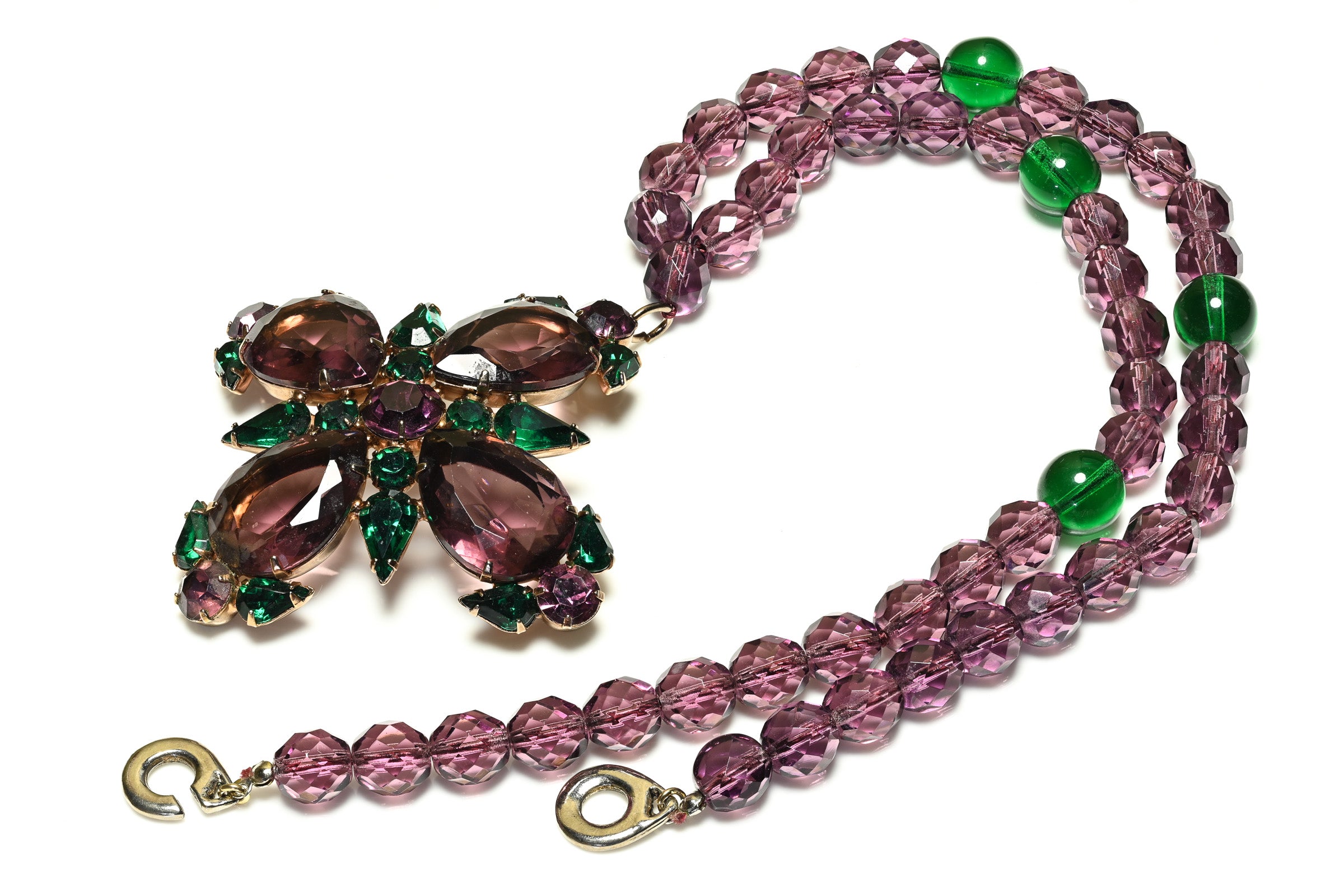 Vintage Les Bernard Purple Green Crystal Cross Pendant Necklace