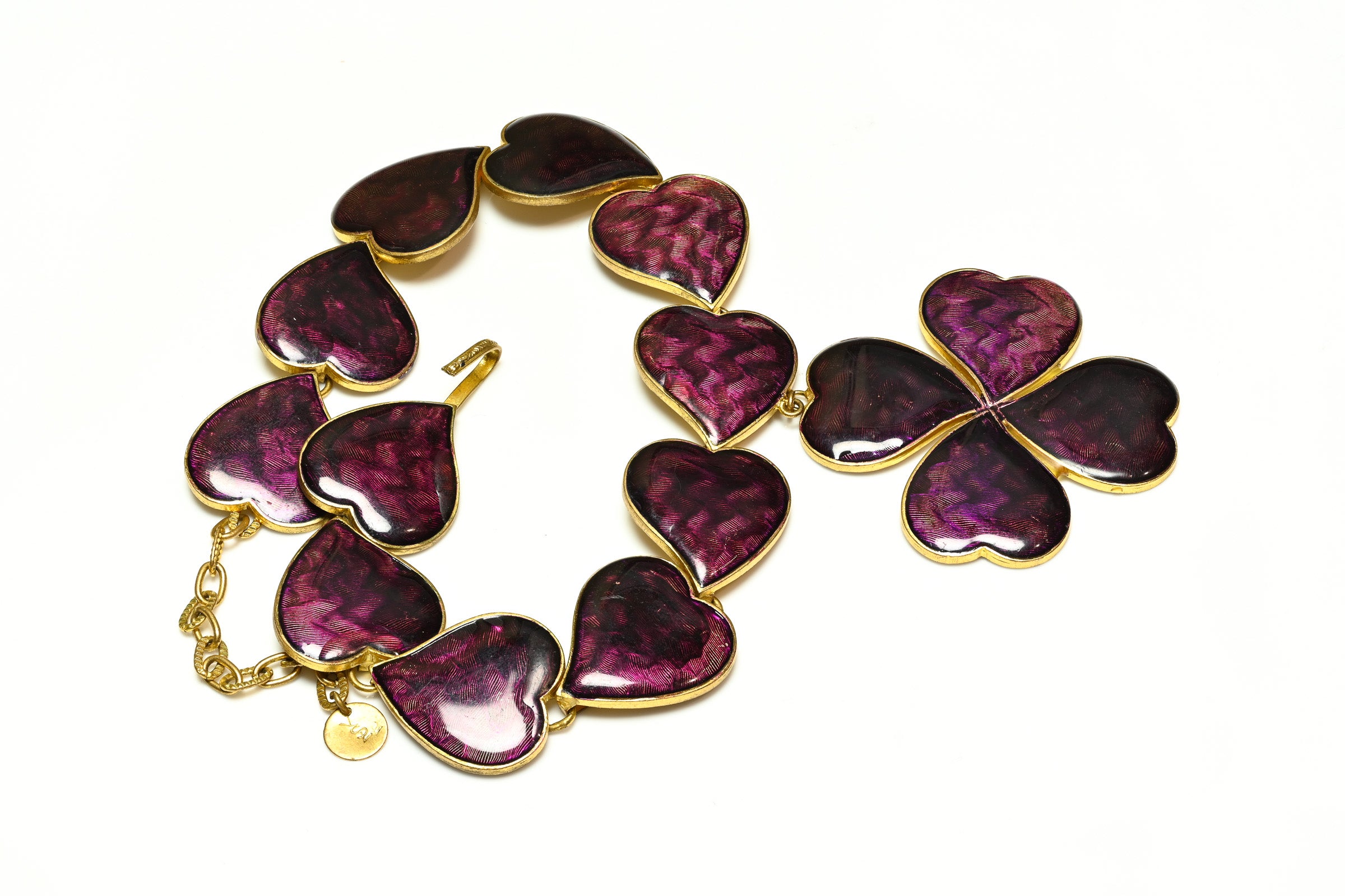 Yves Saint Laurent 1980's Purple Enamel Clover Heart Necklace