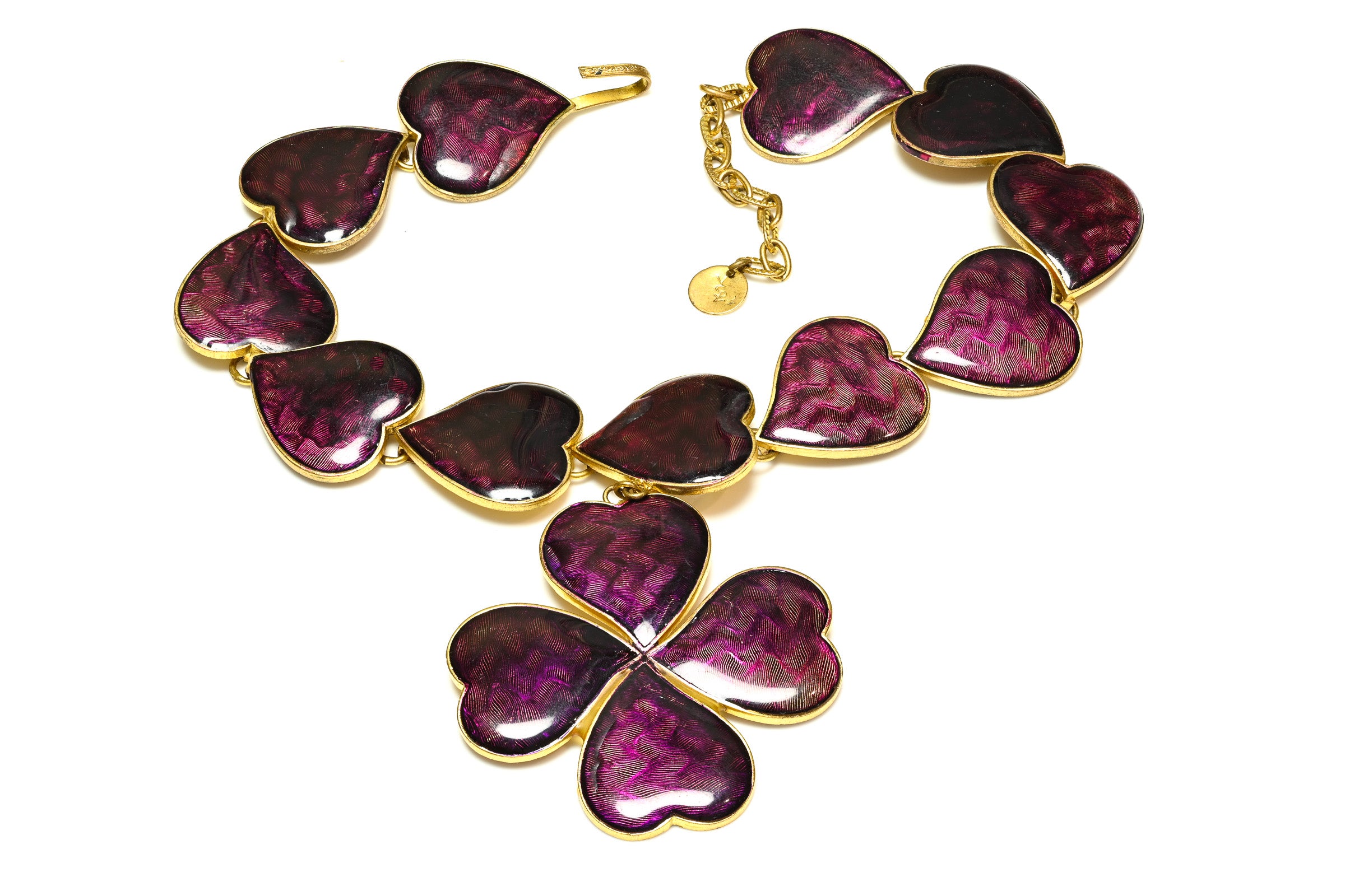 Yves Saint Laurent Paris 1980's Purple Enamel Clover Heart Necklace