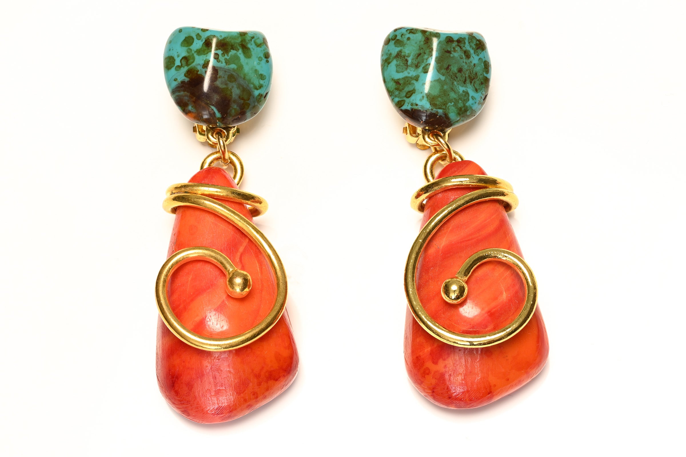 Vintage Yves Saint Laurent Paris Long Faux Turquoise Coral Resin Drop Earrings