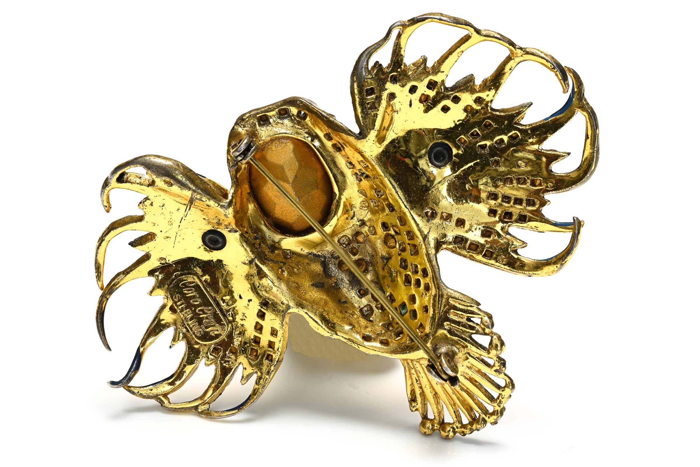 Coro Craft 1944 Sterling Silver Blue Pink Crystal Enamel Blowfish Brooch