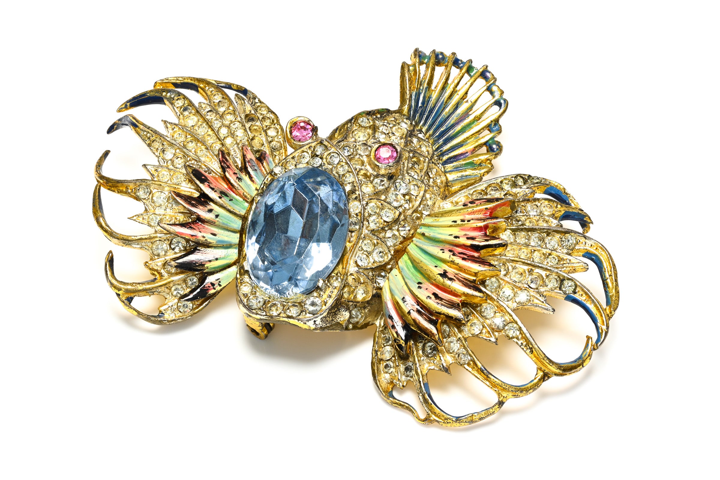 Coro Craft 1944 Sterling Silver Blue Pink Crystal Enamel Rock Fish Brooch