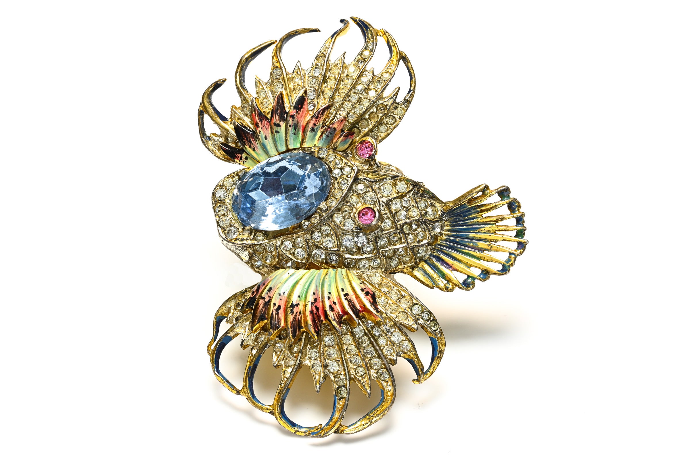 Coro Craft 1944 Sterling Silver Blue Pink Crystal Rock Fish Brooch