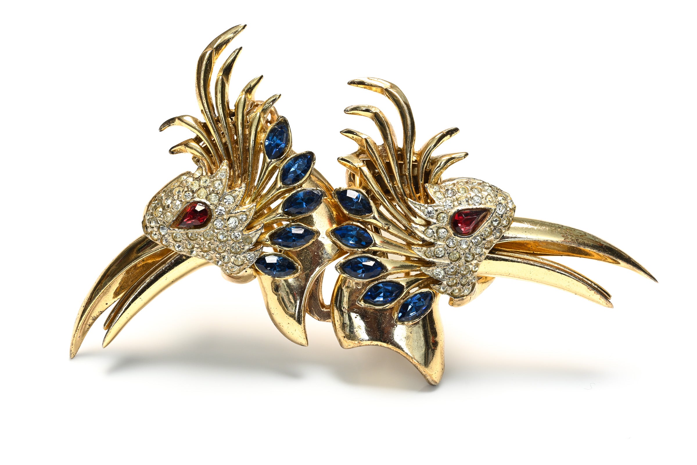 Vintage 1940's Coro Duette Sterling Silver Blue Red Crystal Bird Brooch