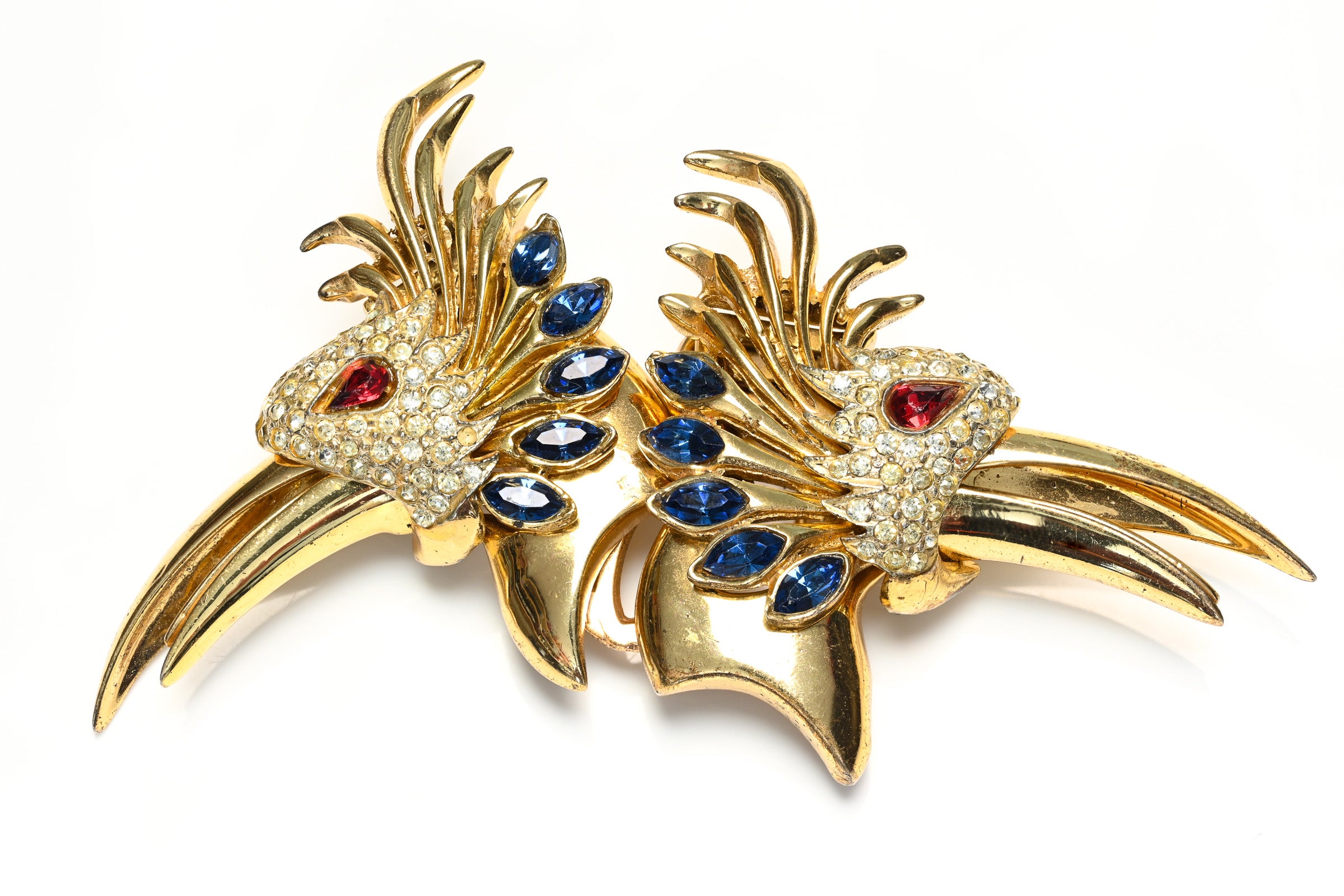 Vintage 1940's Coro Duette Sterling Blue Red Crystal Bird Brooch
