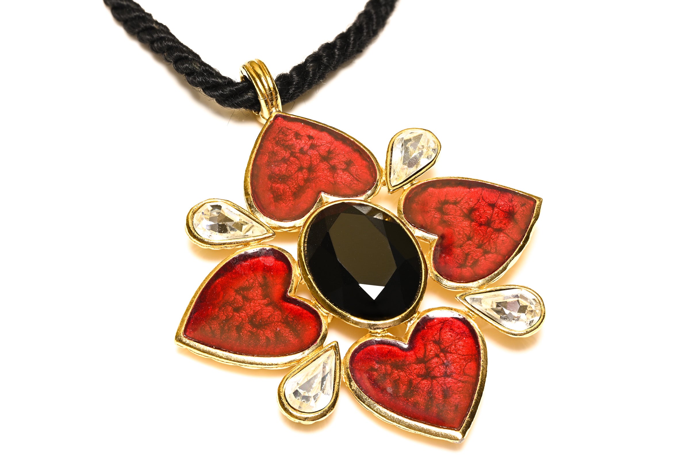Vintage Yves Saint Laurent Red Enamel Black Crystal Heart Pendant Necklace 2