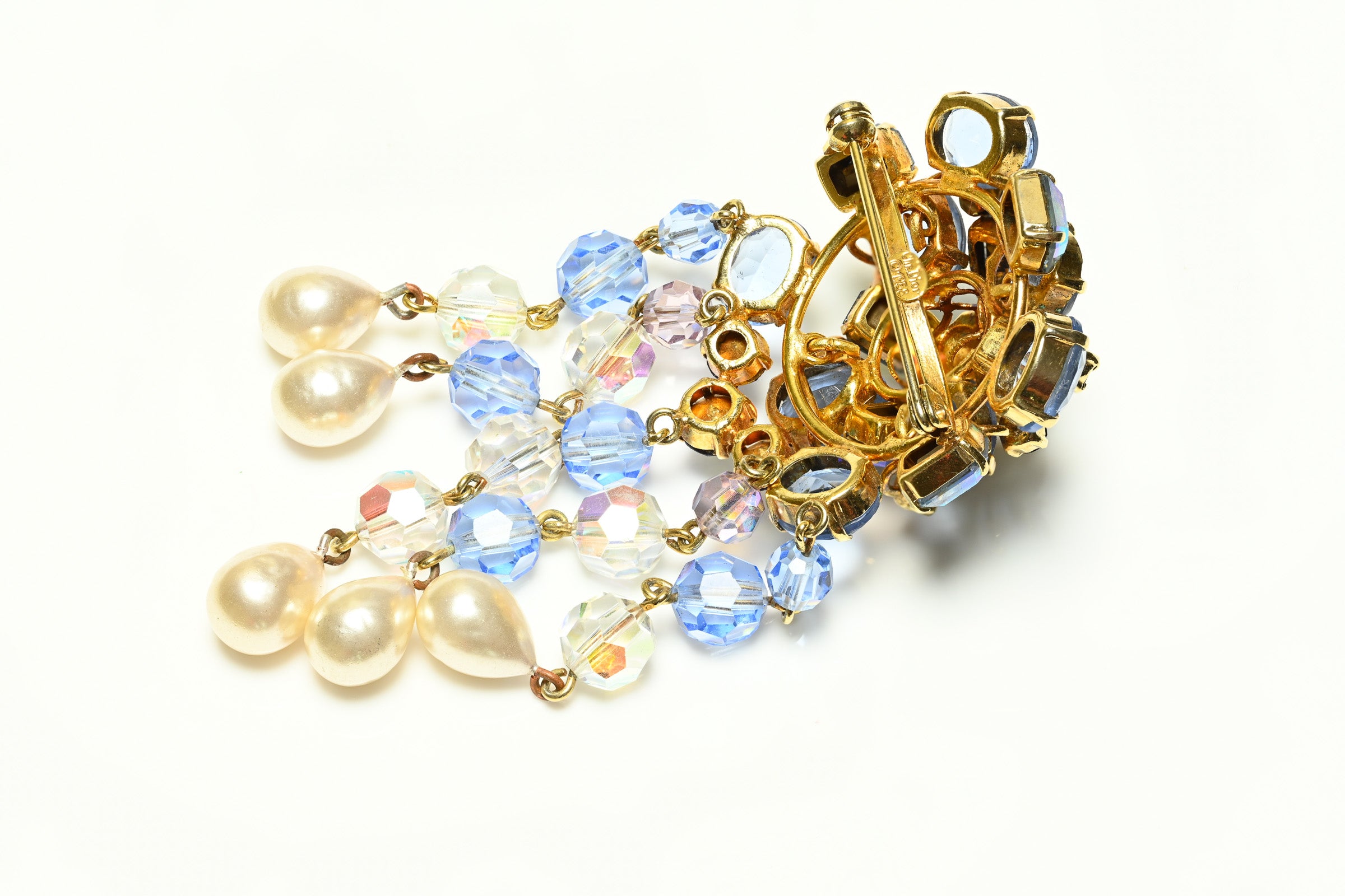 Vintage Christian Dior 1958 Yves Saint Laurent Pearl Blue Crystal Tassel Brooch 3