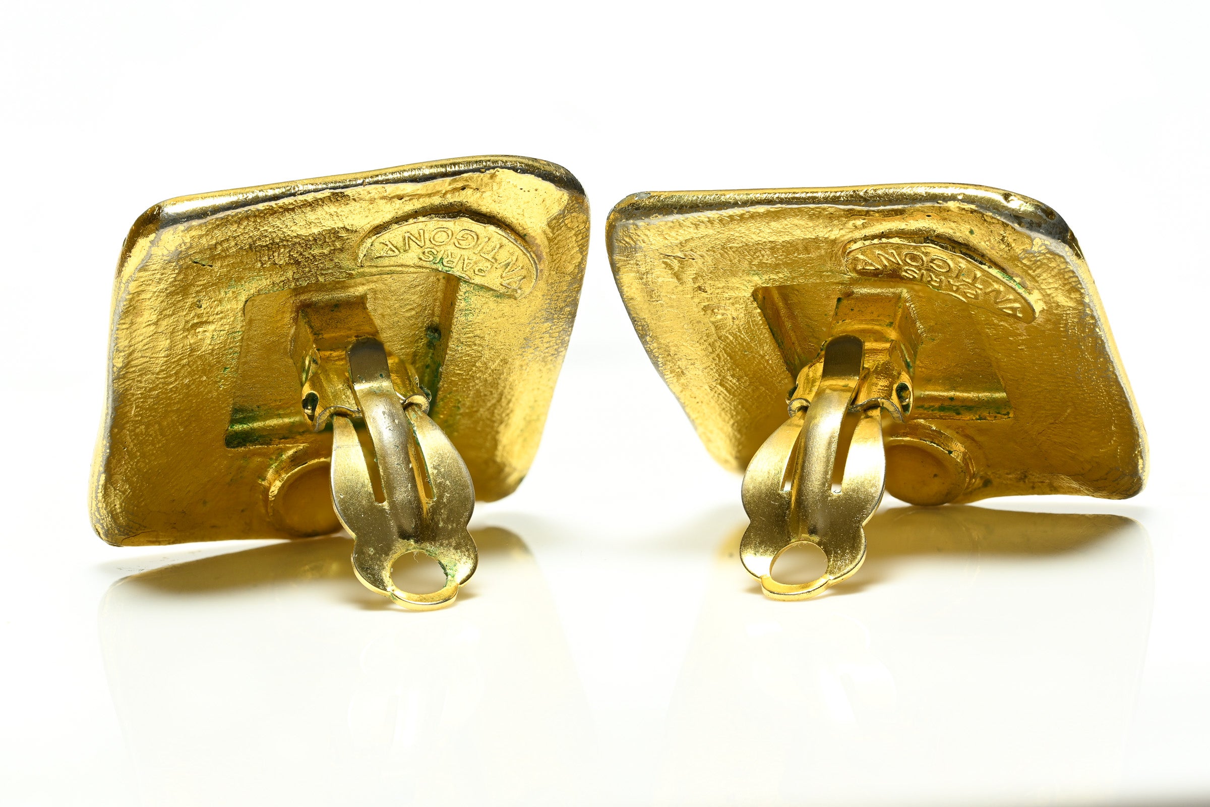 Vintage Antigona Paris Gold Plated Brown Cabochon Glass Earrings 2