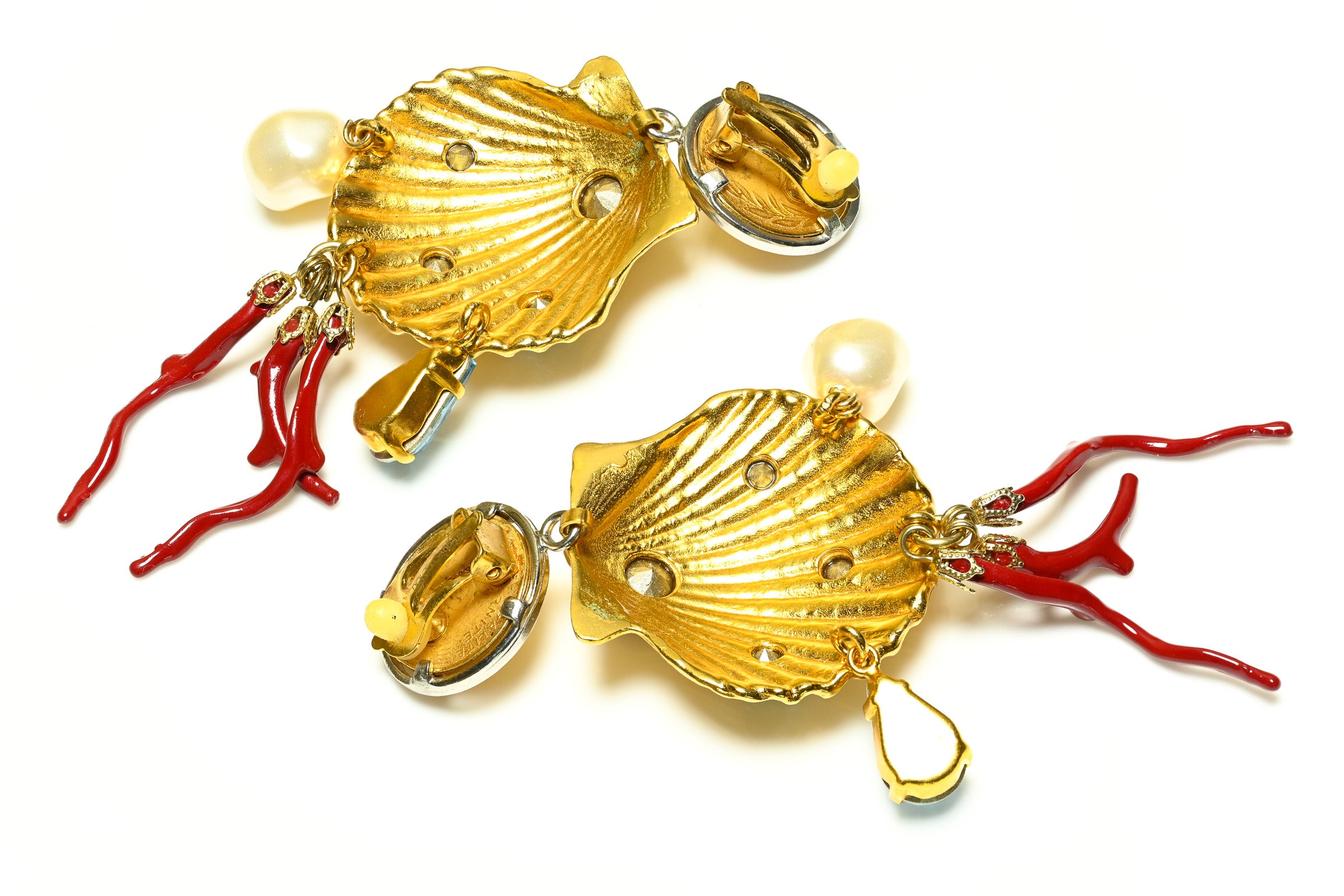 Dolce and Gabbana Gold Plated Pearl Blue Crystal Shell Coin Earrings 3