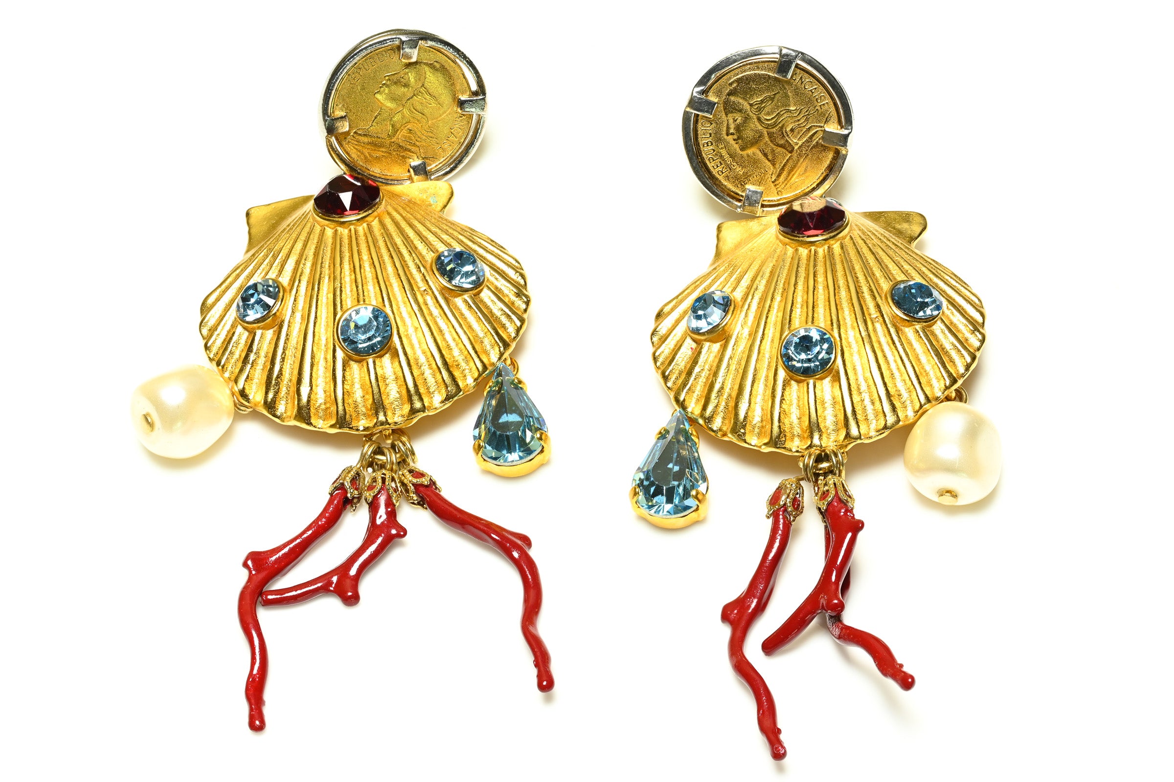 Dolce and Gabbana Gold Plated Pearl Blue Crystal Shell Coin Earrings 2