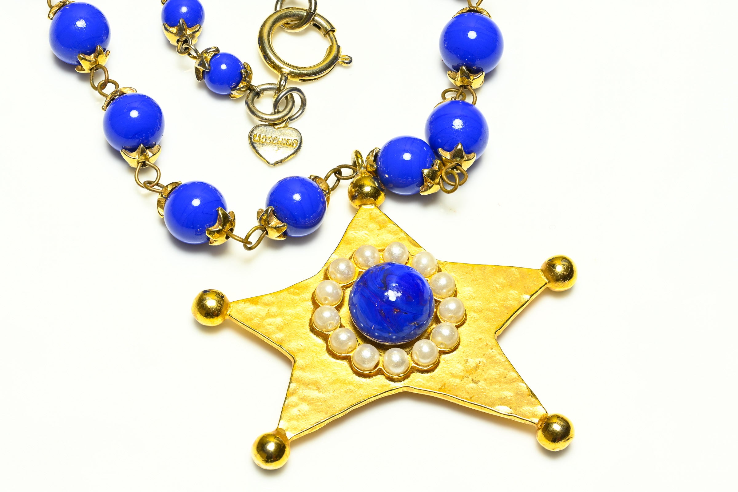 Vintage Moschino Couture Blue Glass Beads Pearls Star Earrings Necklace Set 3