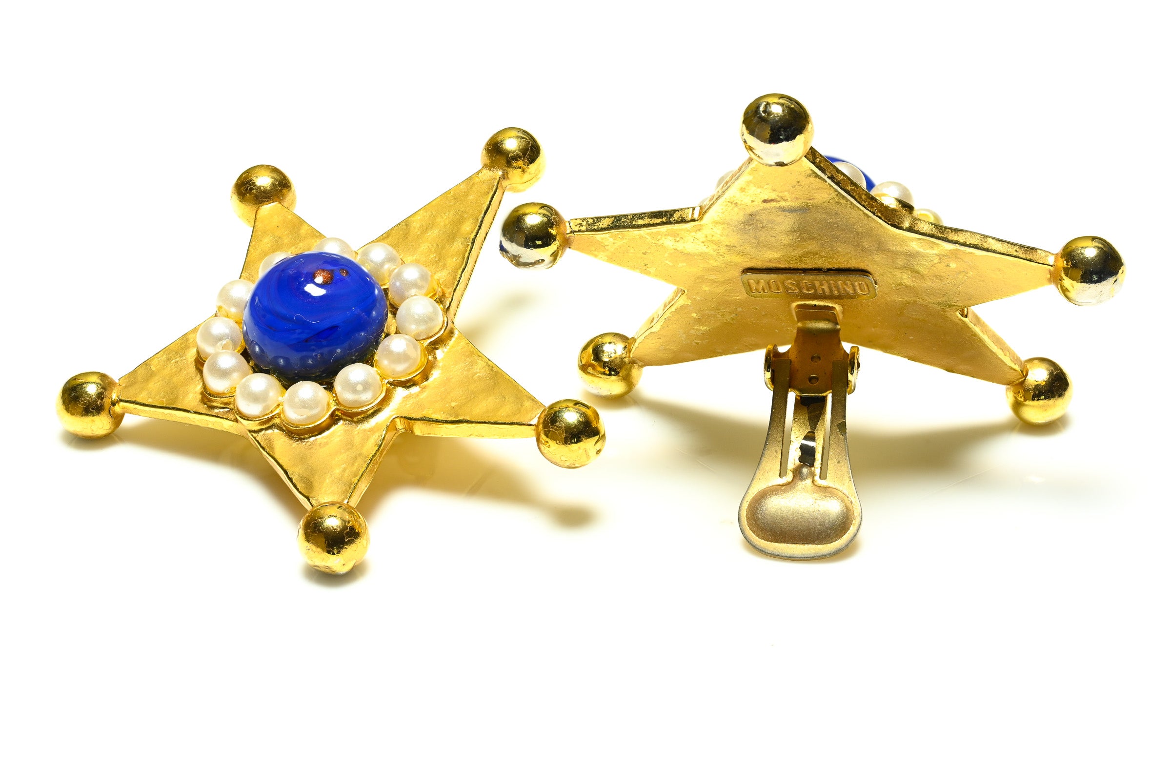 Vintage Moschino Couture Blue Glass Beads Pearls Star Earrings Necklace Set 4