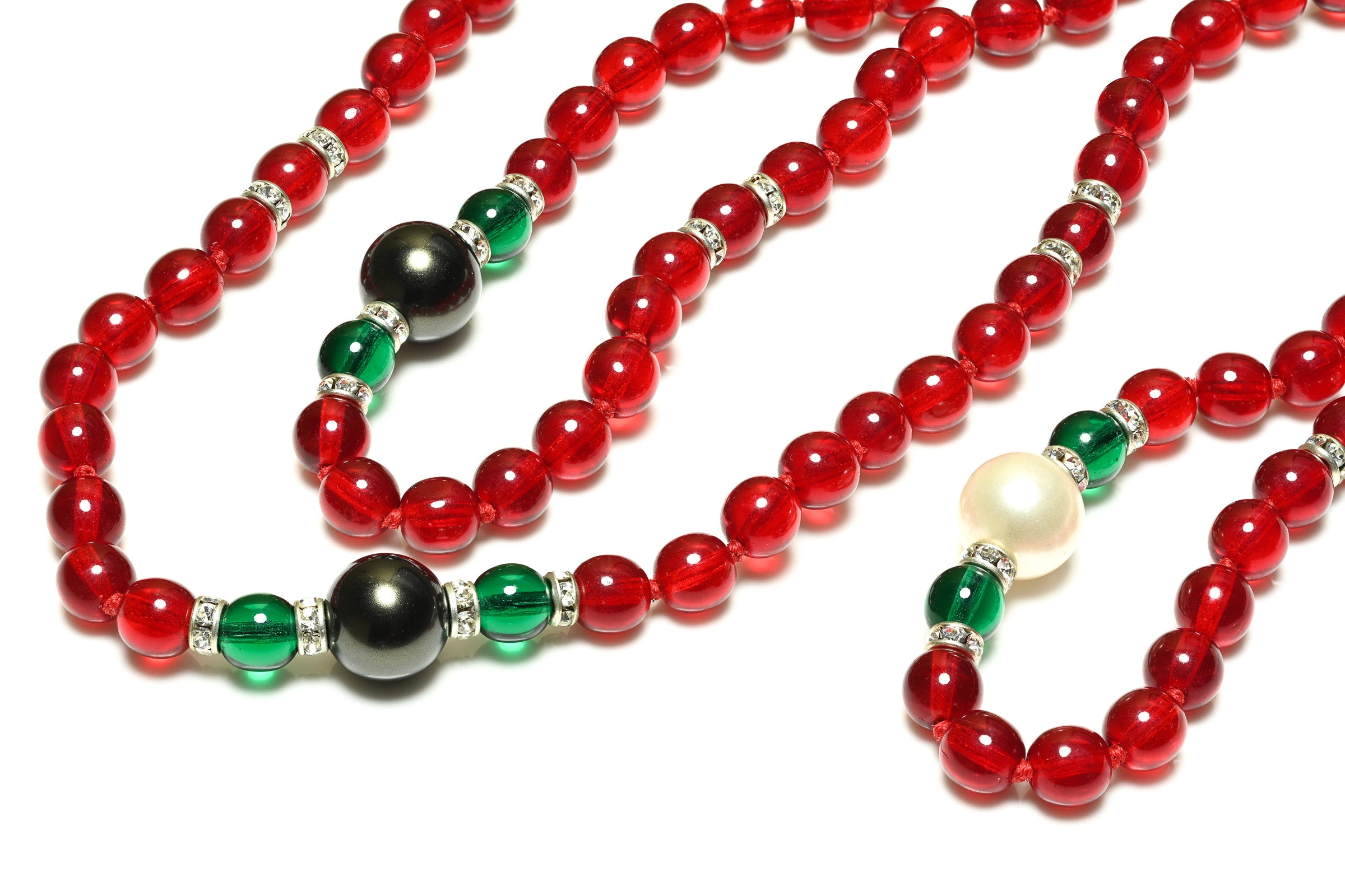 Vintage Mughal Style Red Green Glass Beads Pearl Sautoir Necklace 2