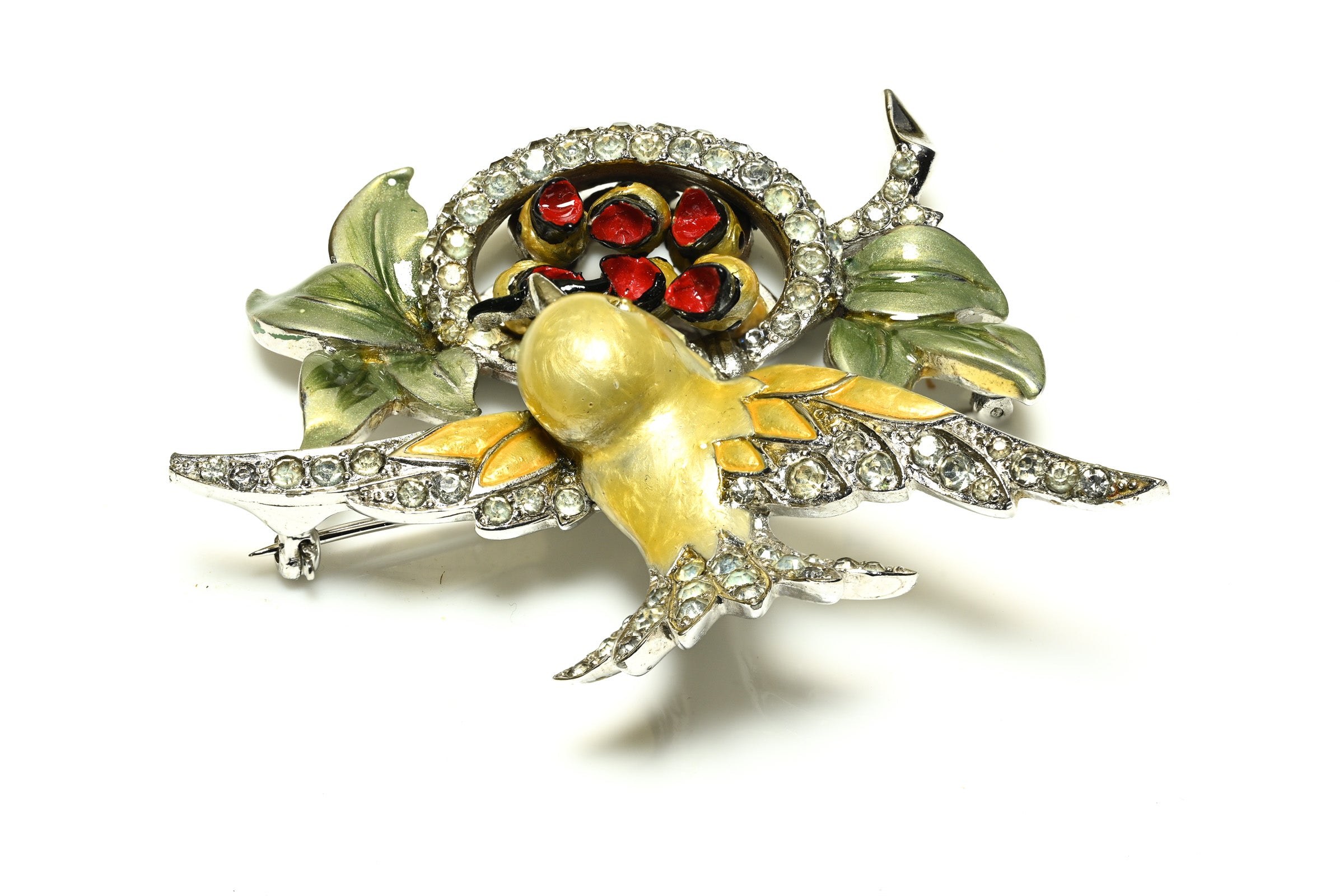 Marcel Boucher 1940's Enamel Crystal Mother Bird Nest Brooch 2