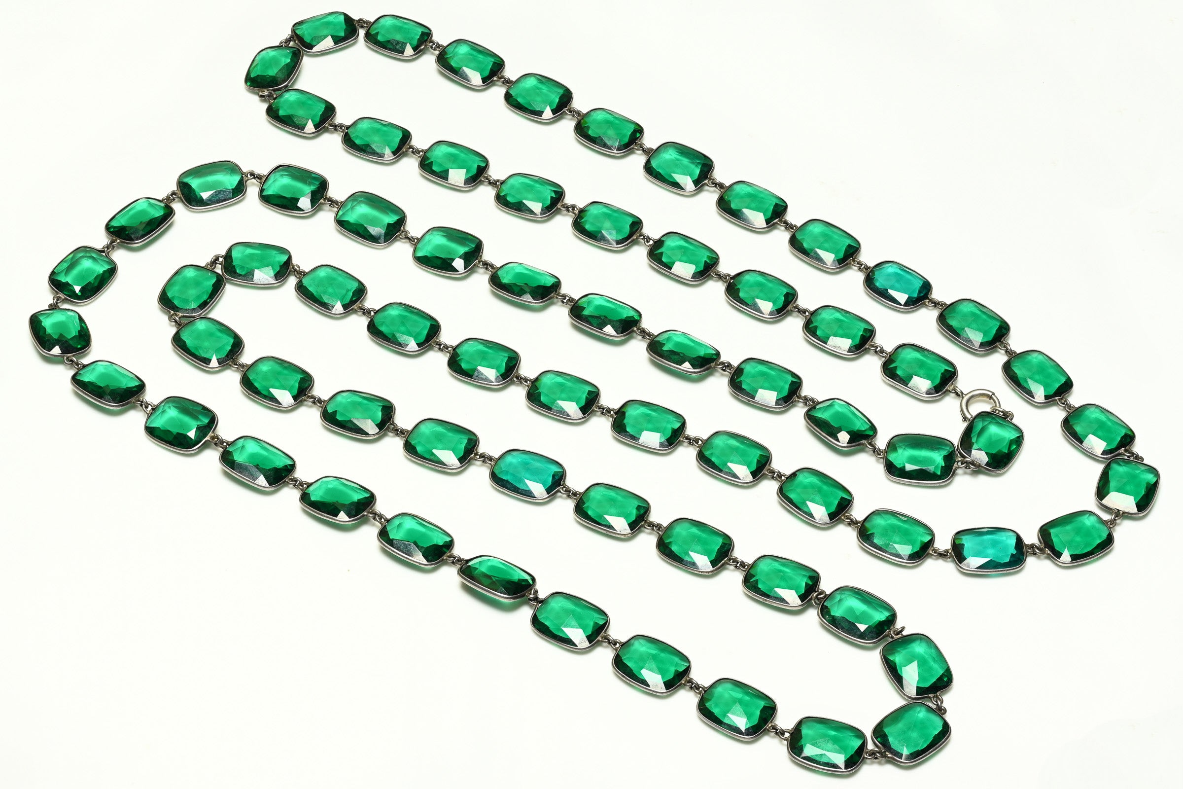 Antique 1900's Sterling Silver Green Paste Chiclet Sautoir Necklace