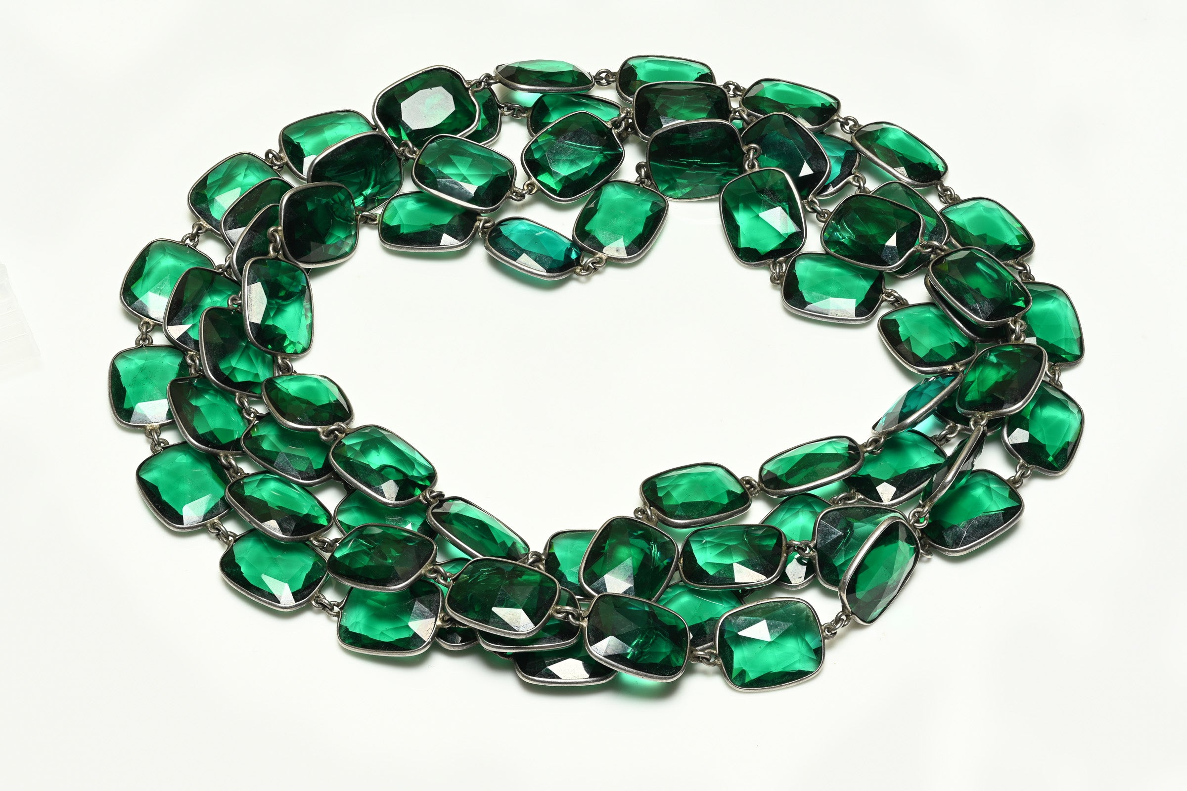Antique 1900's Sterling Silver Green Paste Chiclet Sautoir Necklace 1