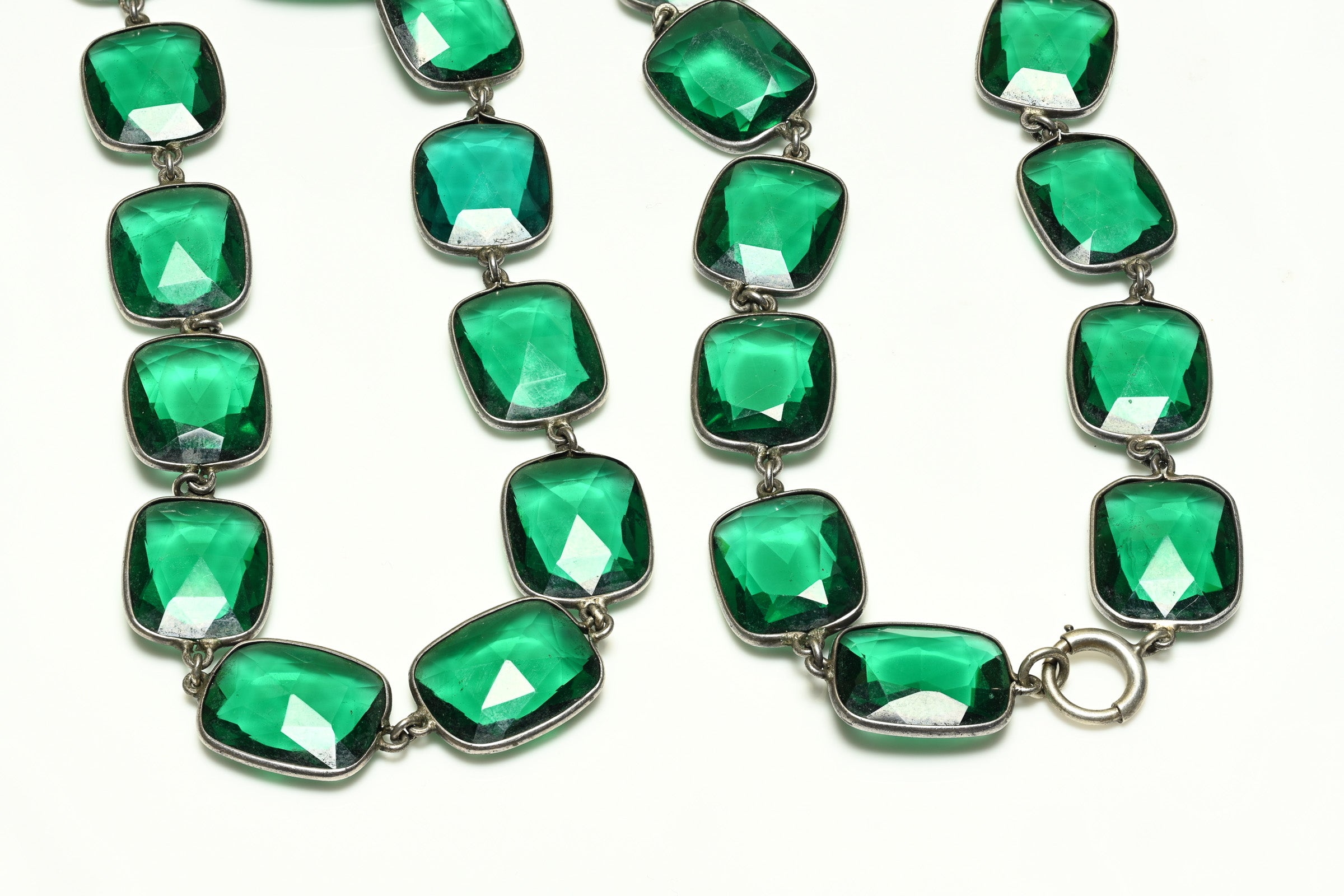 Antique 1900's Sterling Silver Green Paste Chiclet Sautoir Necklace 2
