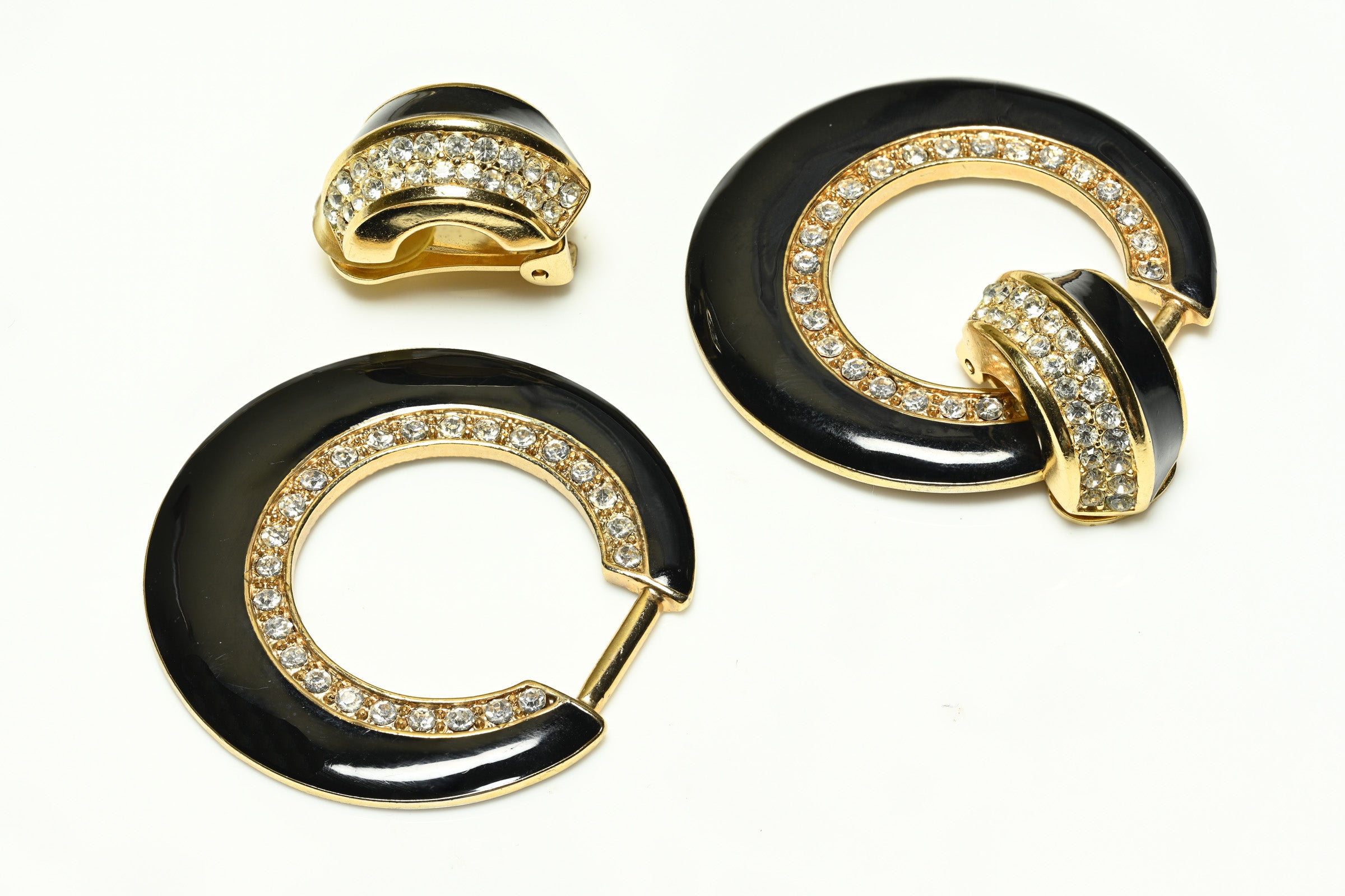Vintage Christian Dior Black Enamel Crystal Hoop Earrings Necklace Set 2