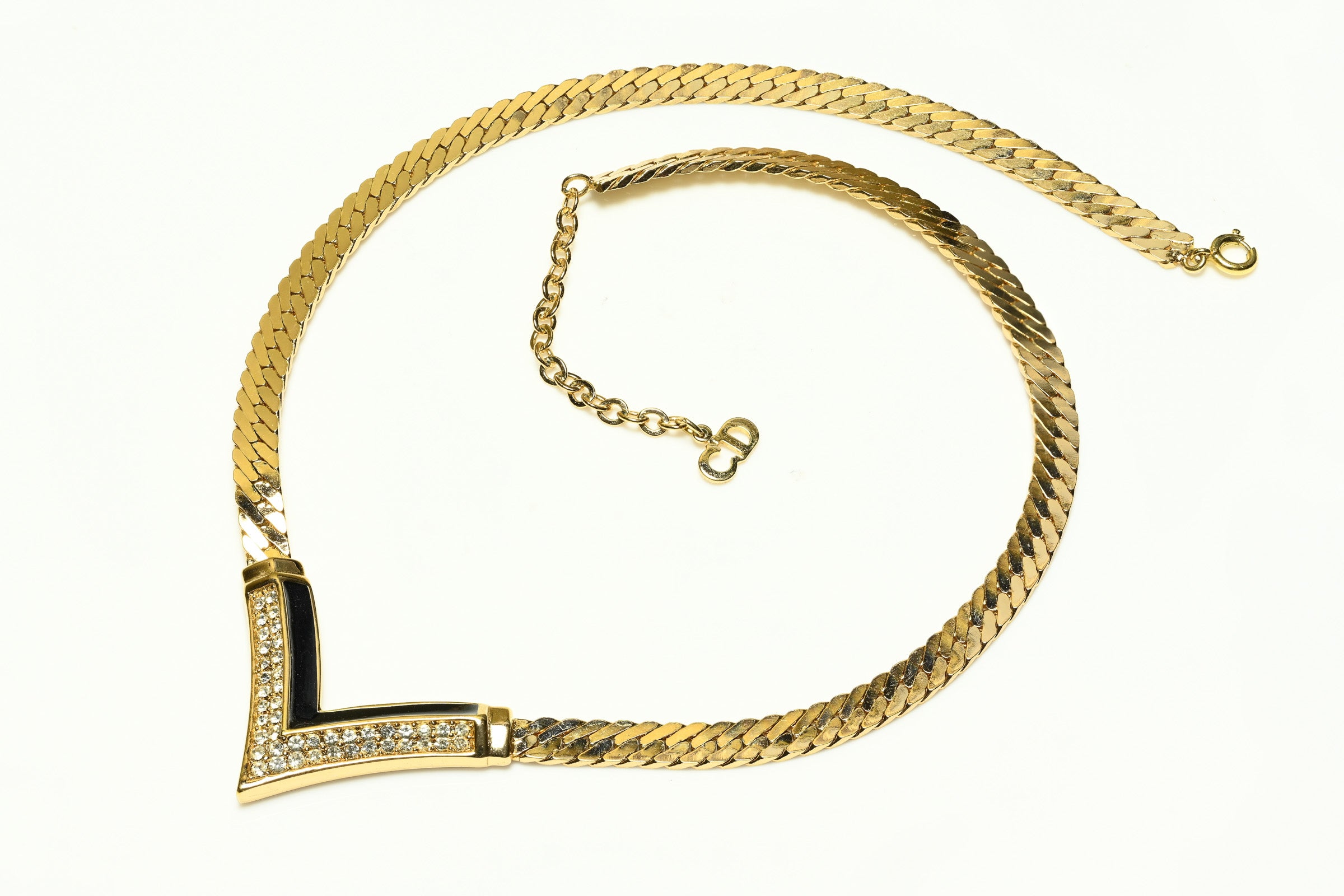 Vintage Christian Dior Black Enamel Crystal Hoop Earrings Necklace Set 1