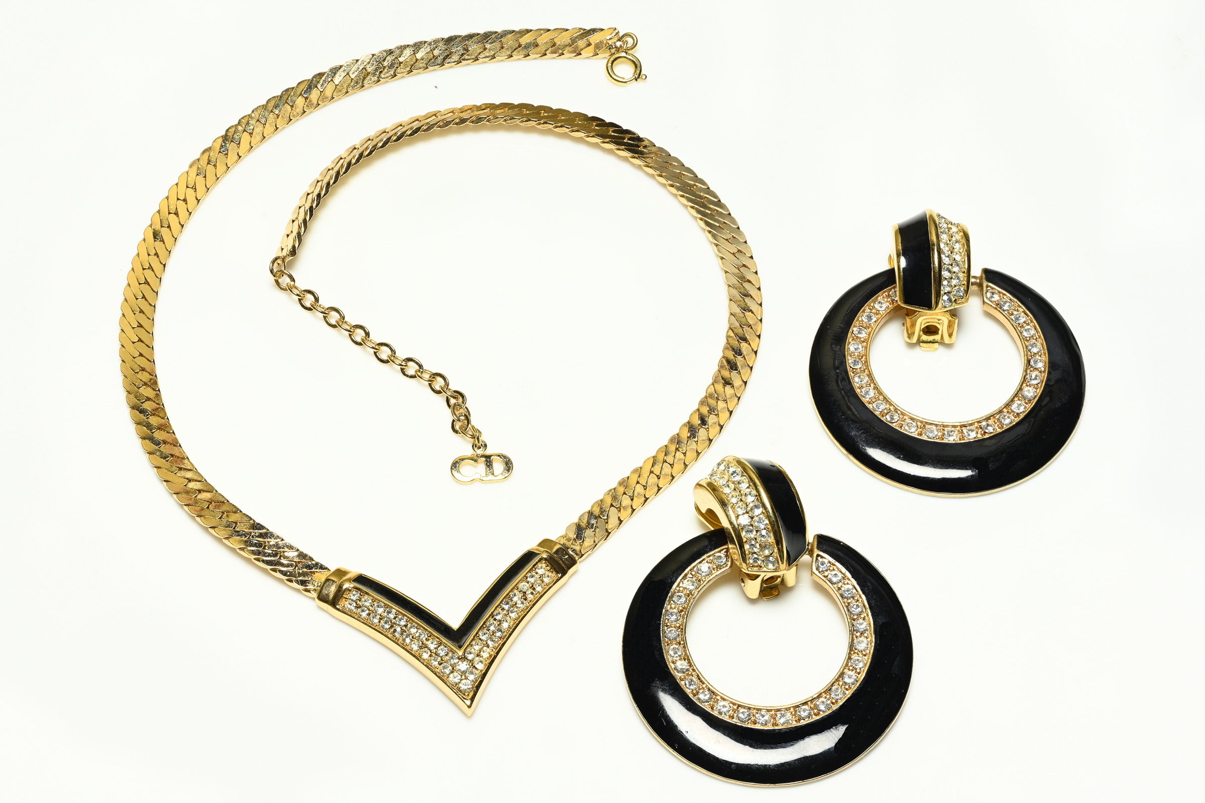 Vintage Christian Dior Black Enamel Crystal Hoop Earrings Necklace Set