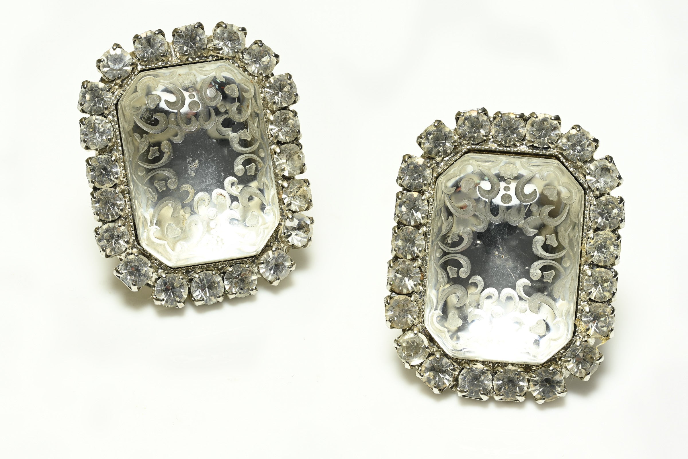 Vintage Clear Carved Flower Crystal Bow Brooch Necklace Earrings Set 2