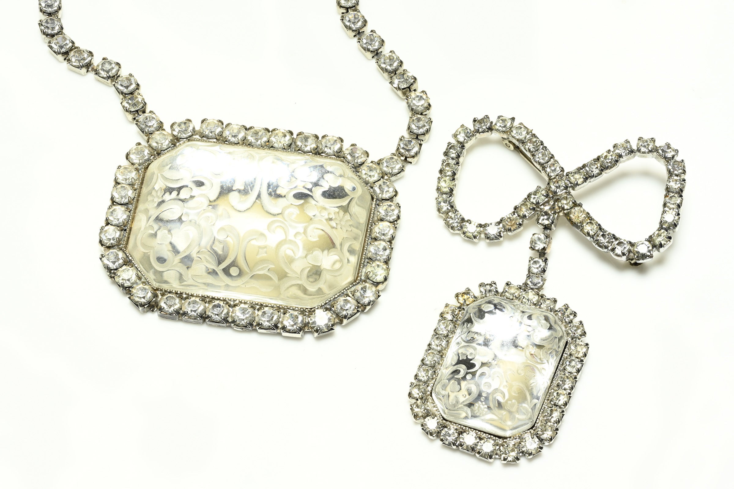 Vintage Clear Carved Flower Crystal Bow Brooch Necklace Earrings Set 1