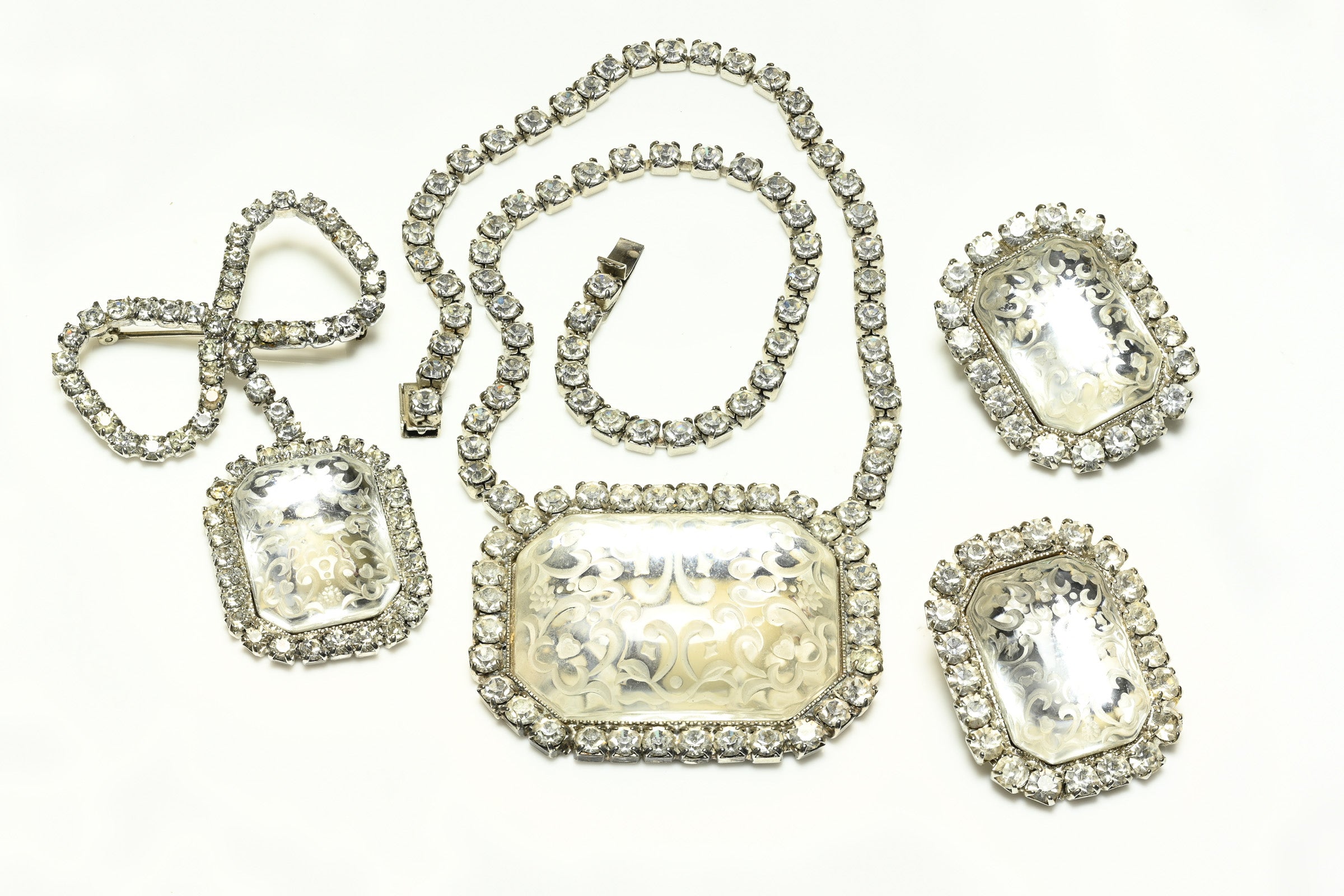 Vintage Clear Carved Flower Crystal Bow Brooch Necklace Earrings Set