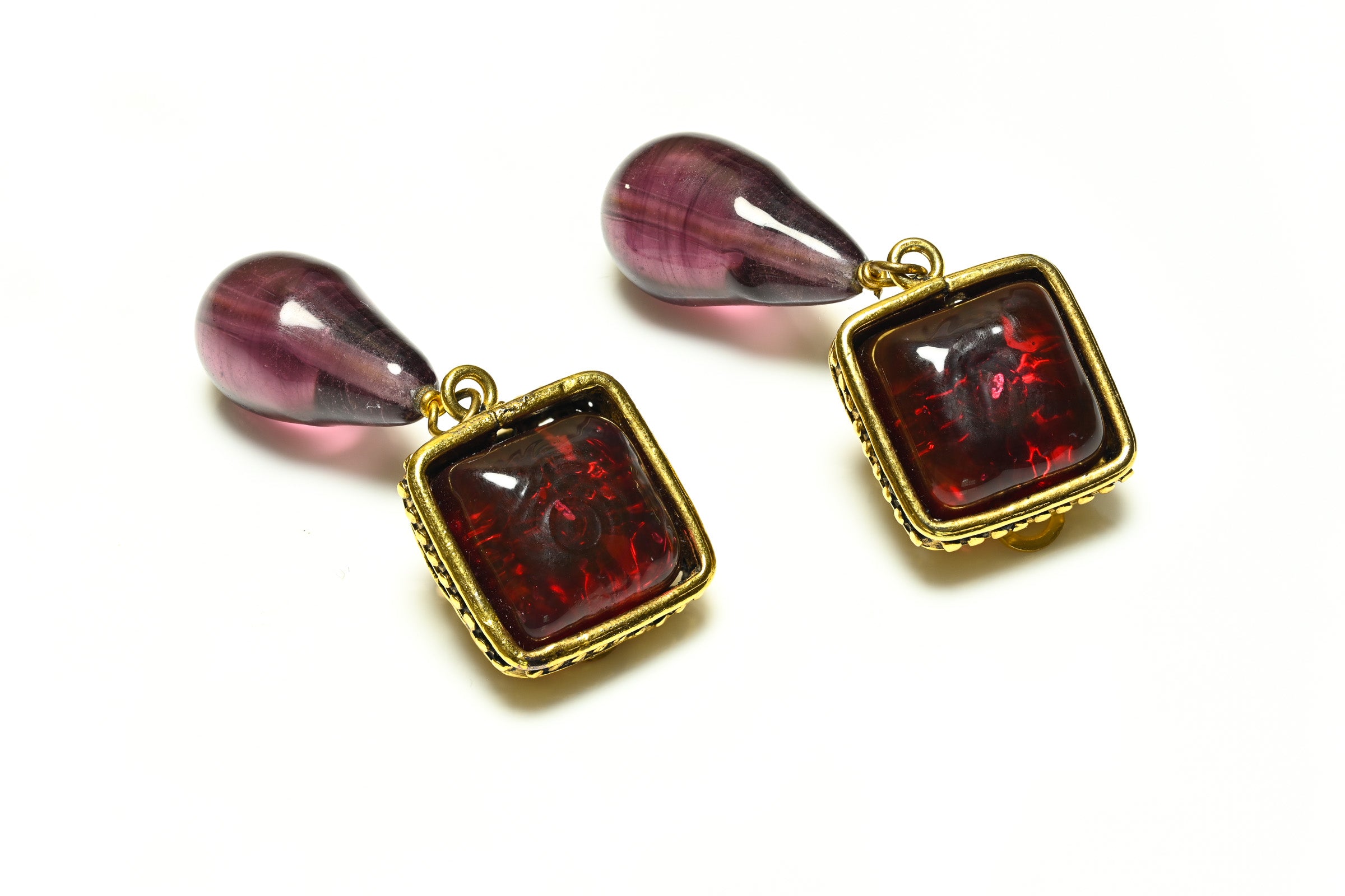 Vintage Chanel Paris Maison Gripoix Red Purple Glass Drop Earrings 1