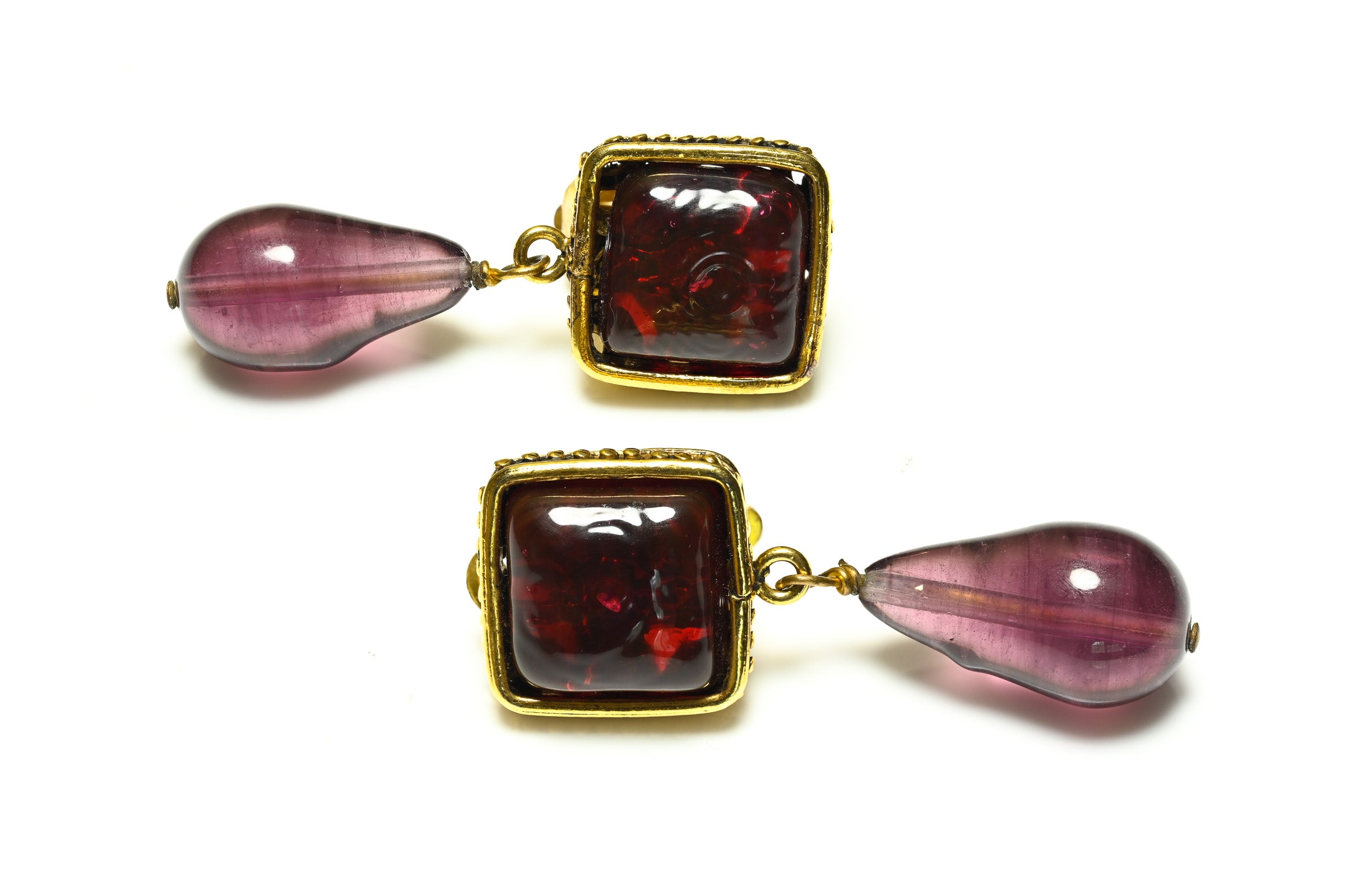 Vintage Chanel Paris Maison Gripoix Red Purple Glass Drop Earrings