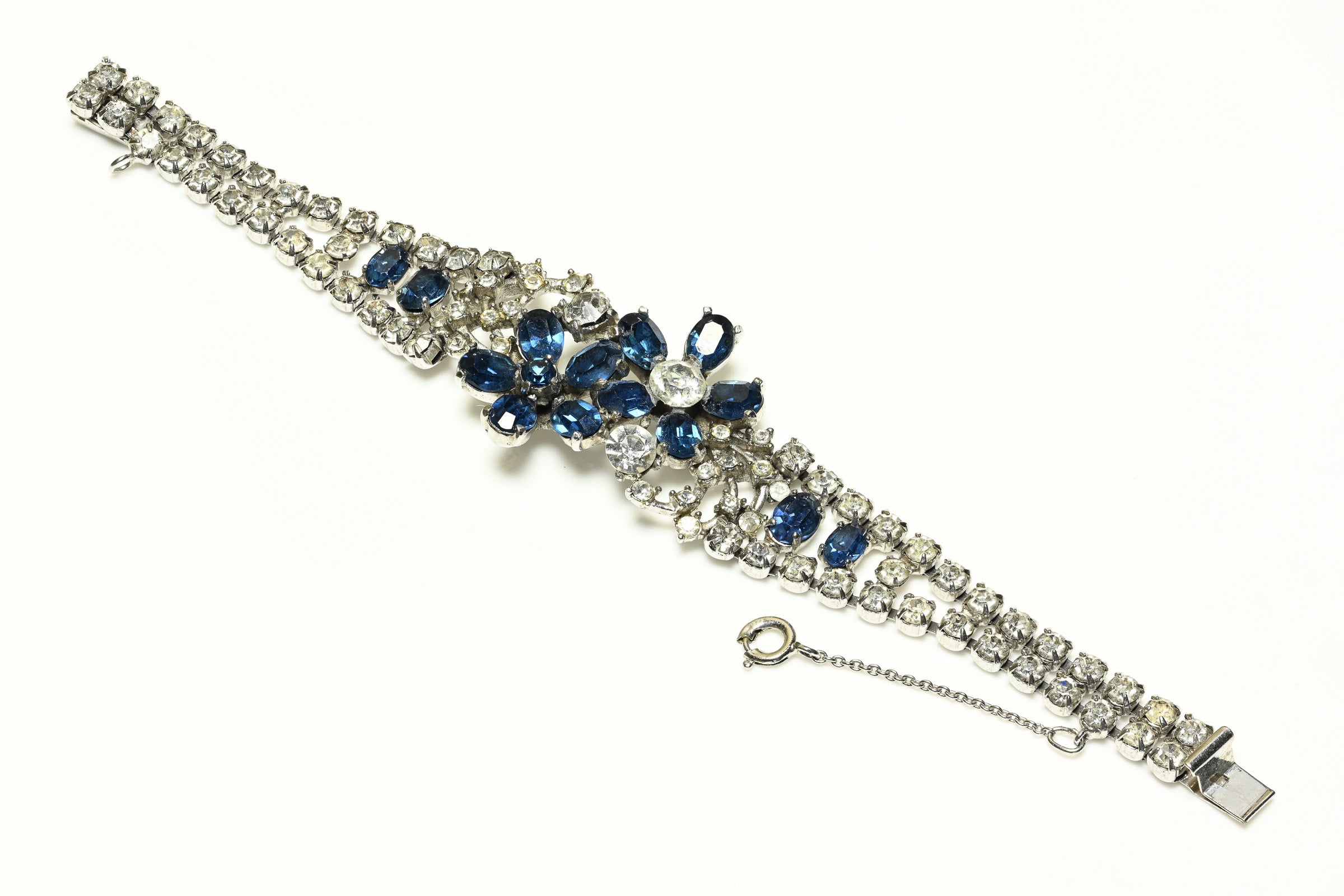 Vintage Christian Dior by Mitchel Maer Rhodium Plated Blue Crystal Flower Bracelet 1