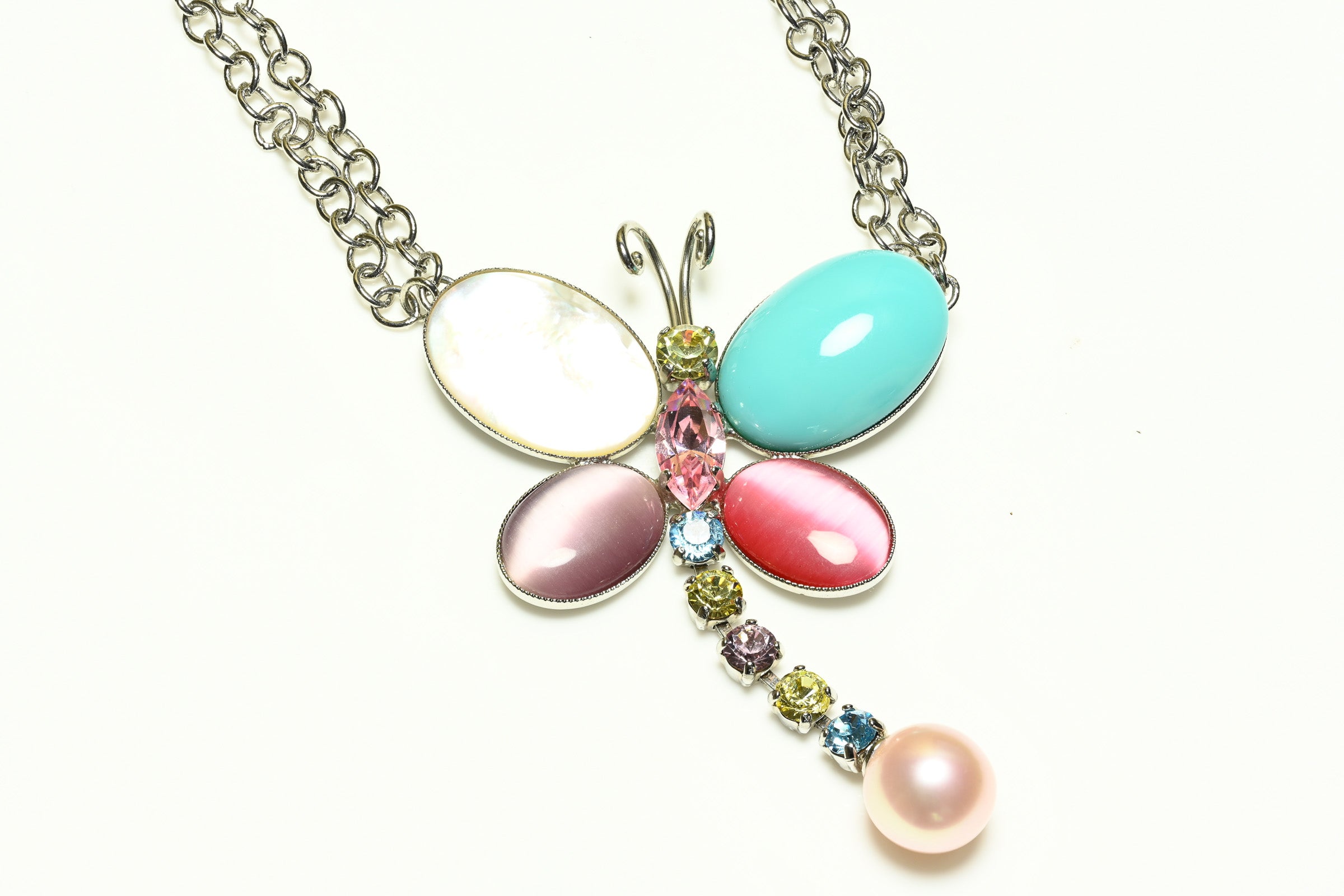 Philippe Ferrandis Paris Mother of Pearl Blue Pink Butterfly Necklace 1