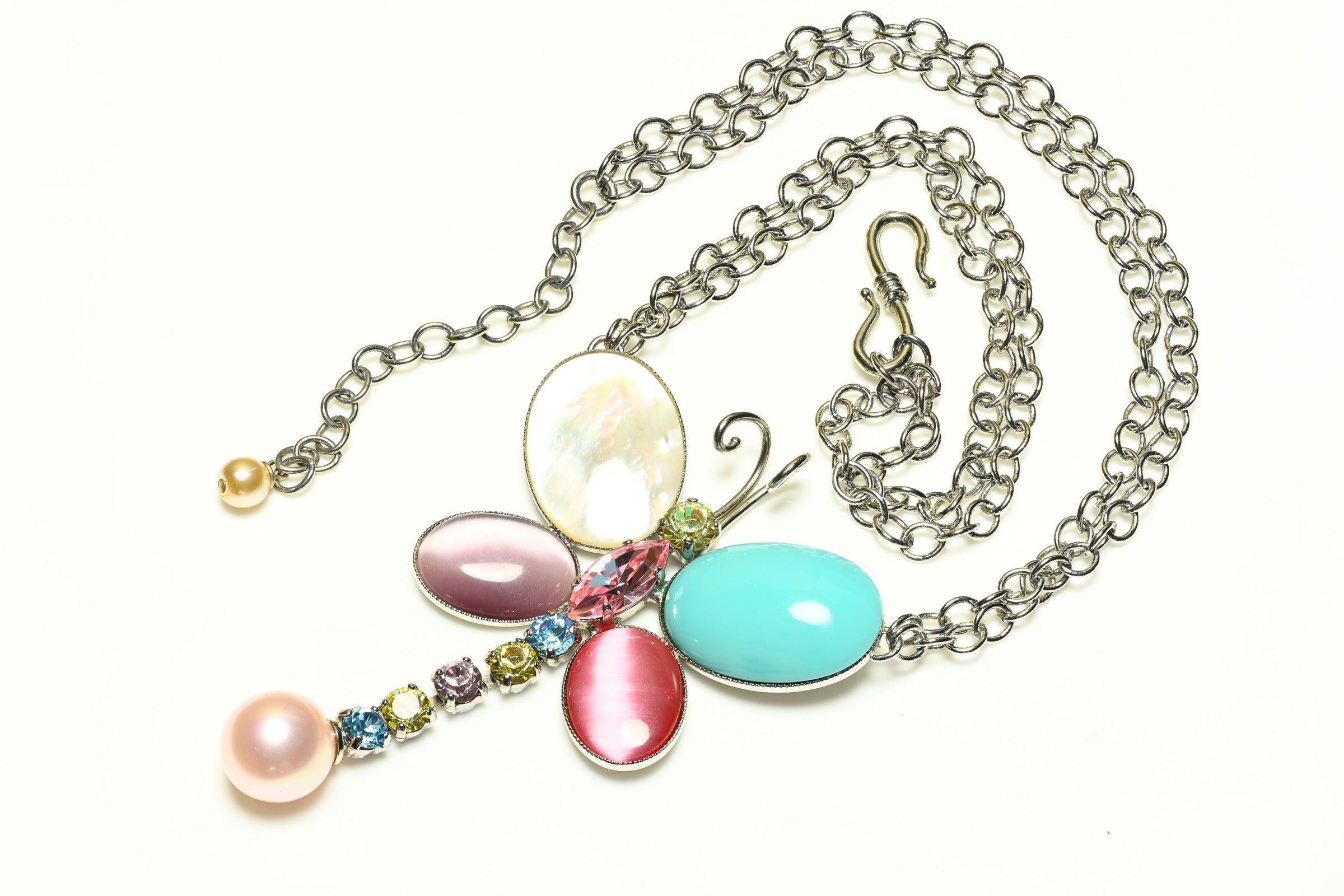Philippe Ferrandis Paris Mother of Pearl Blue Pink Butterfly Necklace