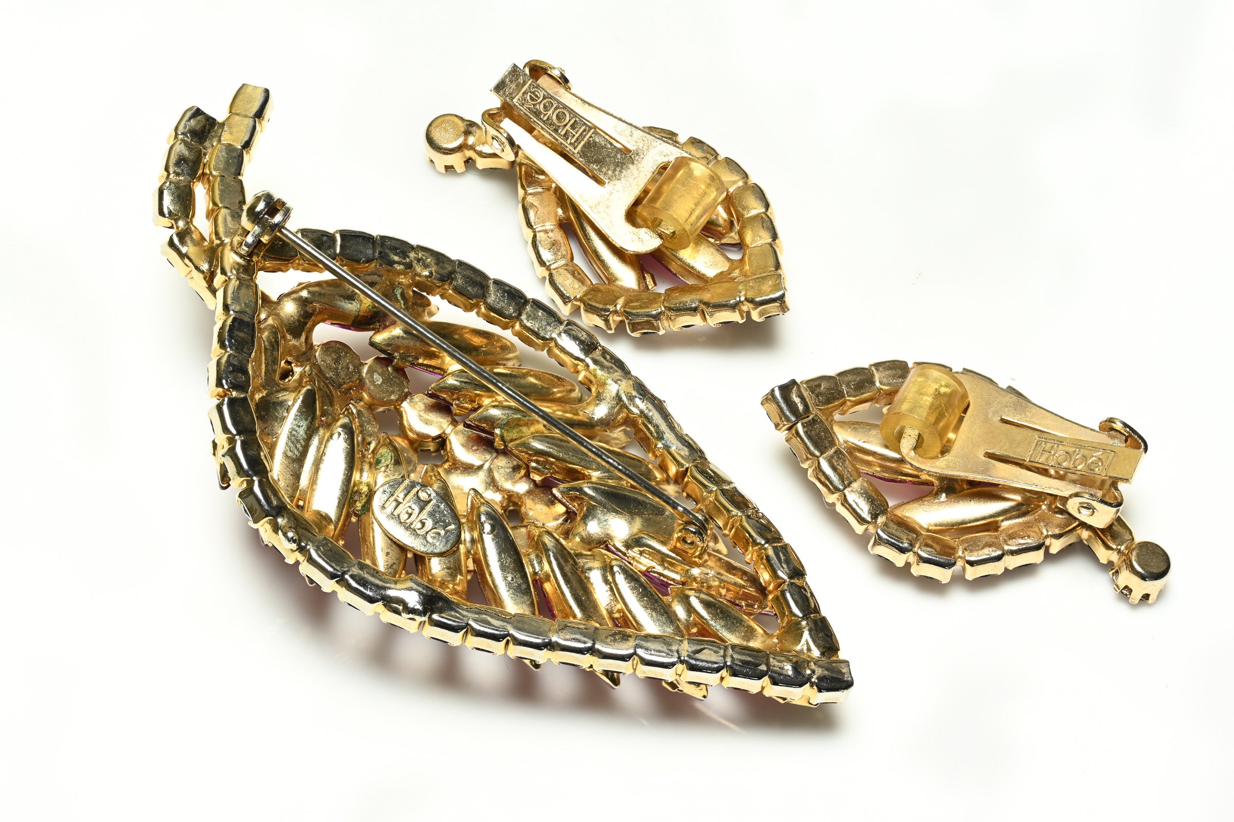 Vintage Hobe Pink Purple Crystal Leaf Earrings Brooch Set 2