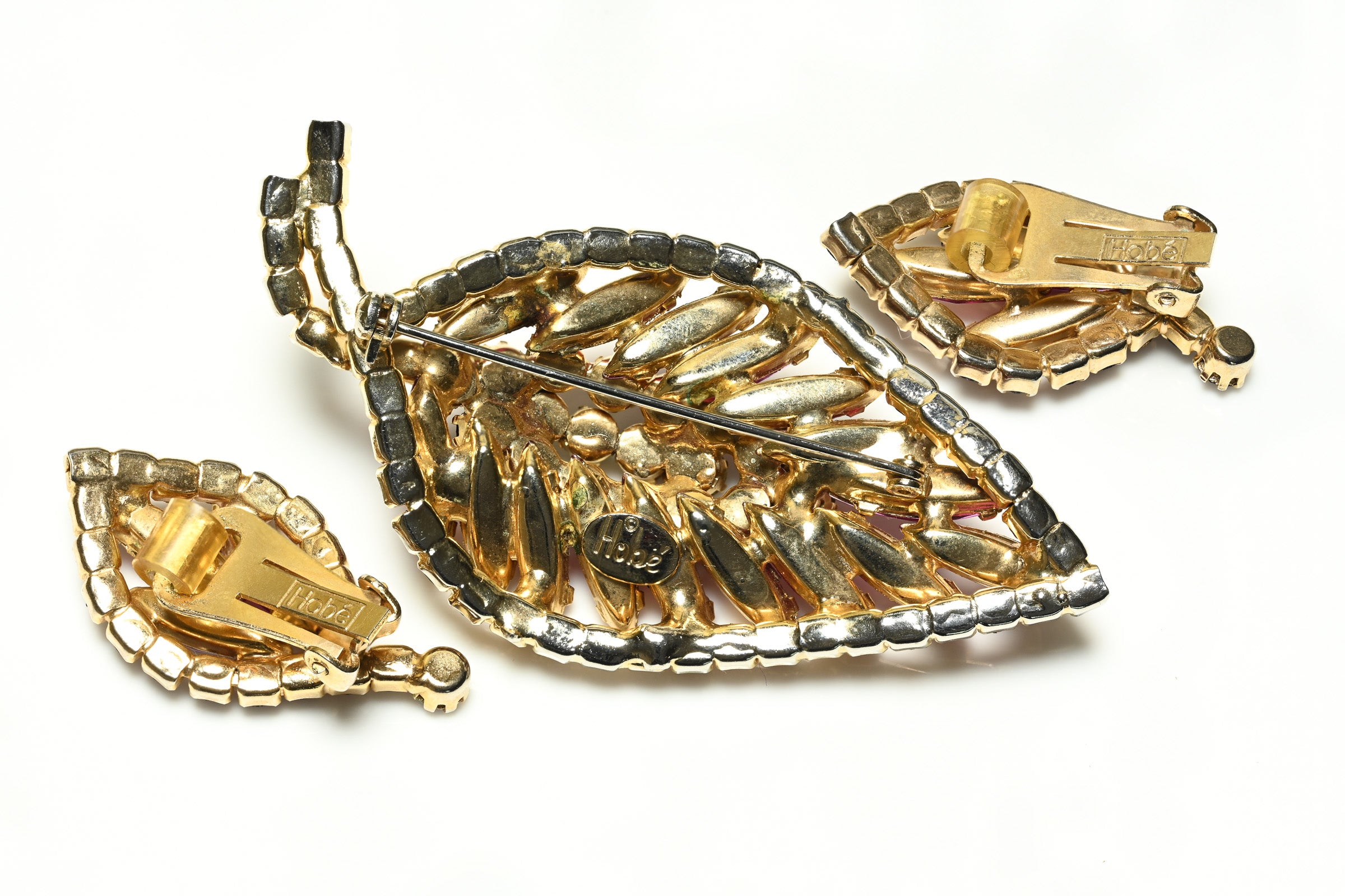 Vintage Hobe Pink Purple Crystal Leaf Earrings Brooch Set 3