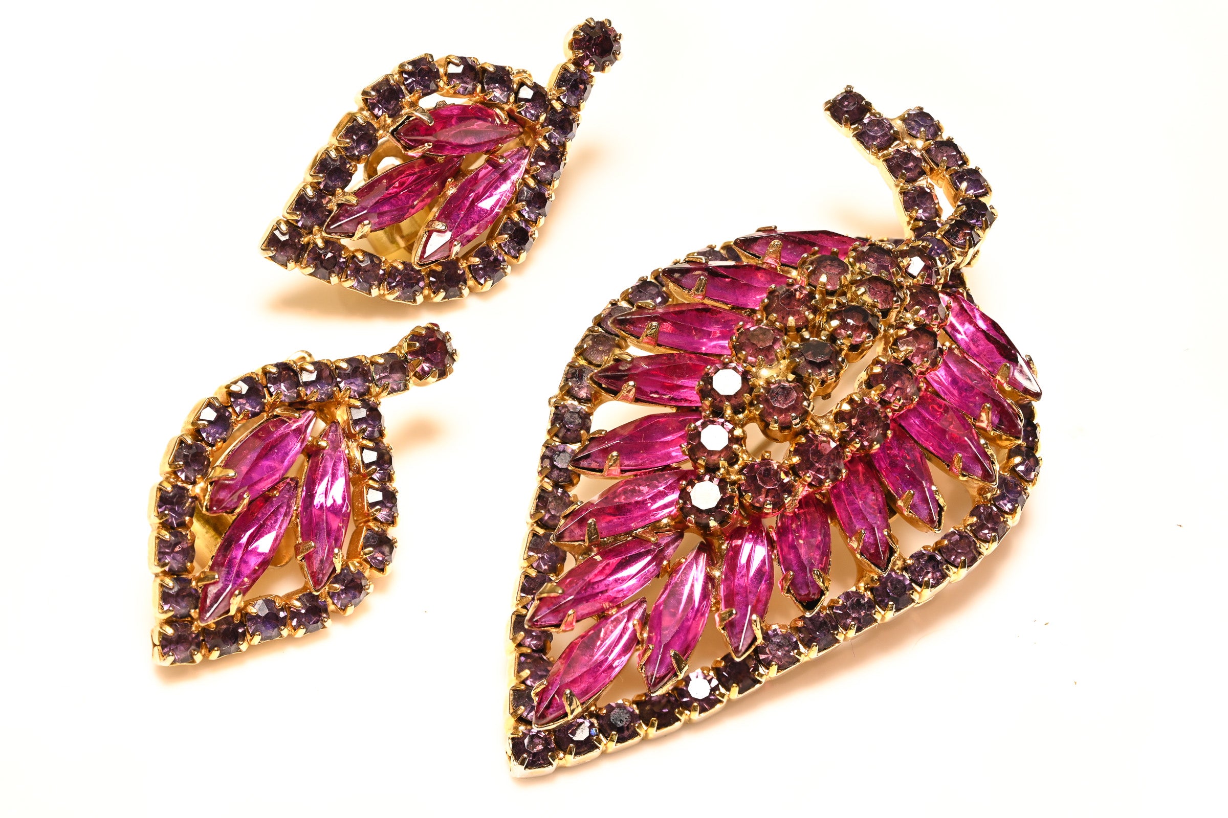 Vintage Hobe Pink Purple Crystal Leaf Earrings Brooch Set 1