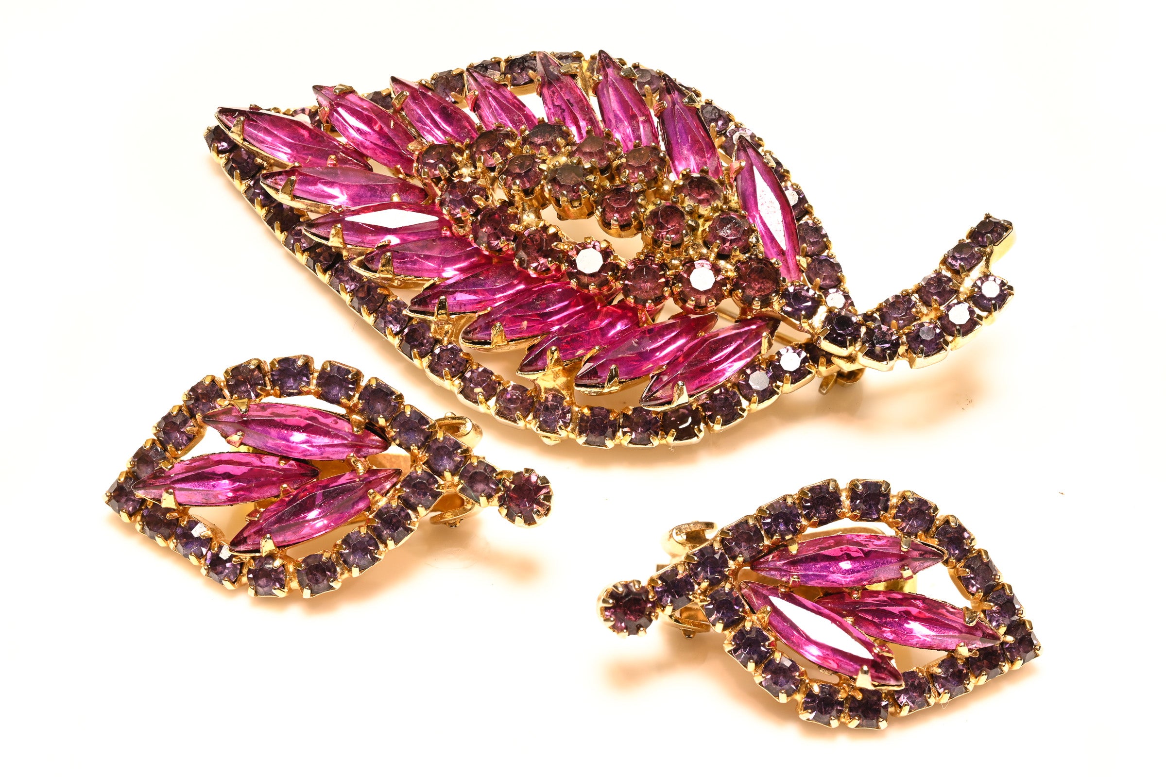 Vintage Hobe Pink Purple Crystal Leaf Earrings Brooch Set