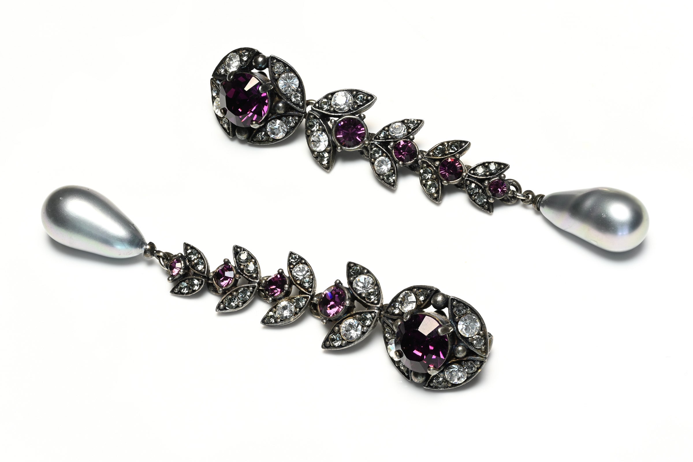Lanvin Paris Purple Crystal Gray Pearl Long Earrings