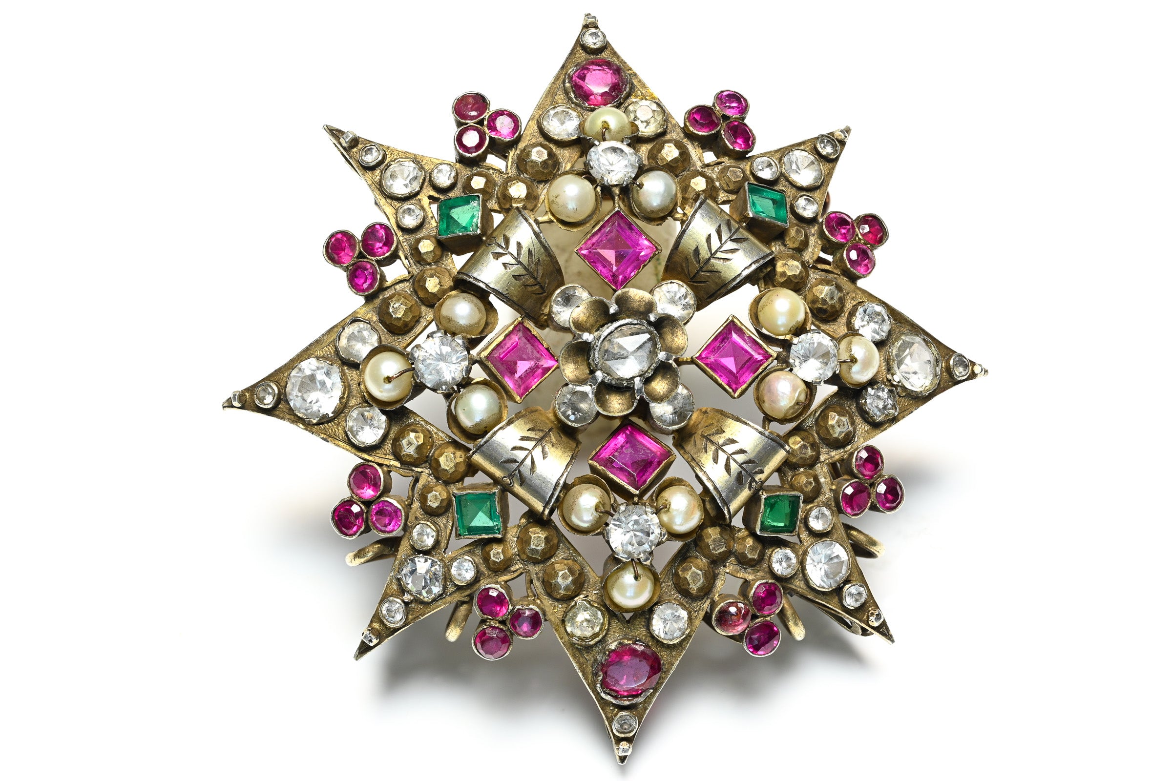 Antique 1890 Silver Pink Green Paste Pearl Starburst Brooch