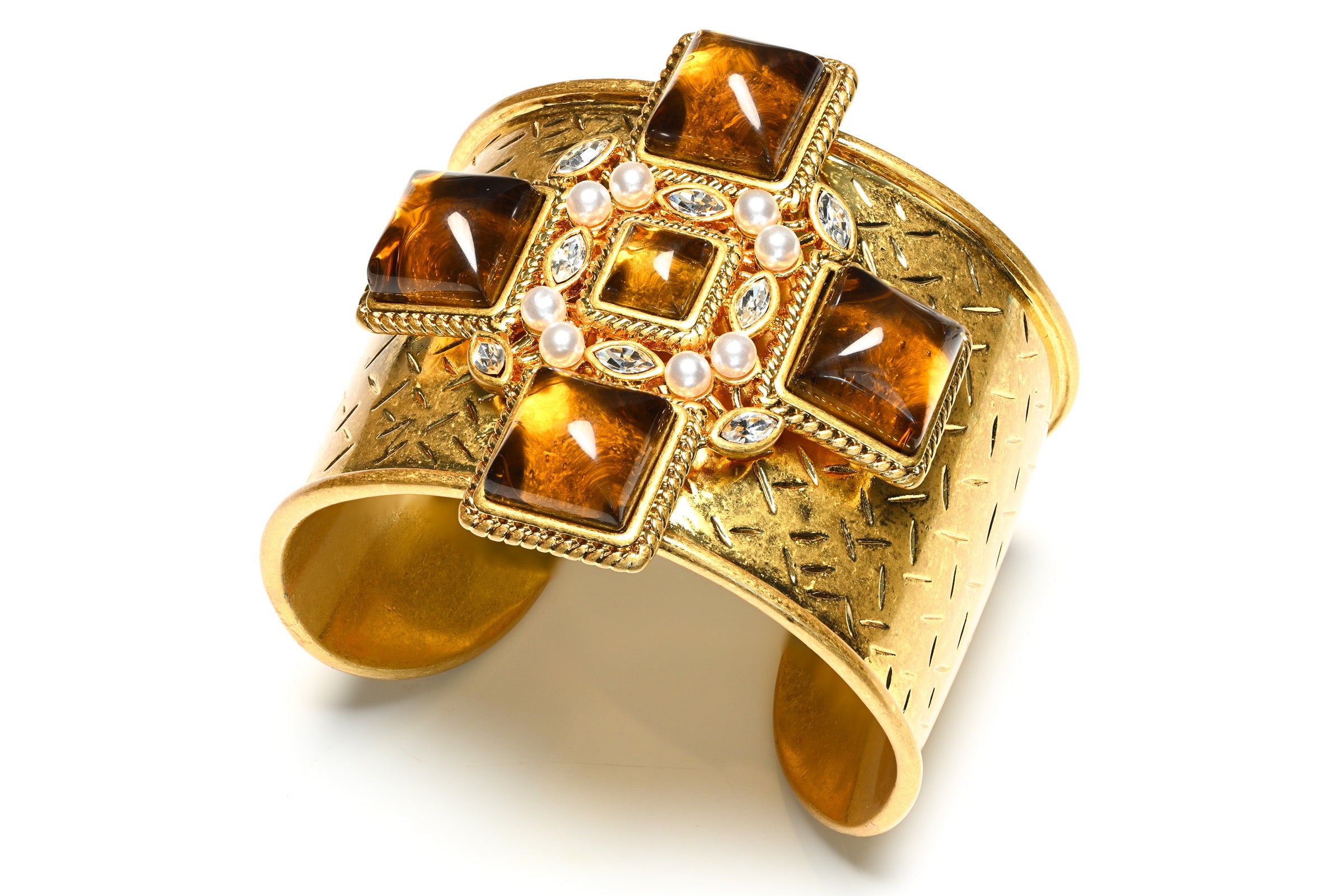 Vintage Wide Gold Plated Brown Cabochon Glass Pearl Cross Cuff Bracelet