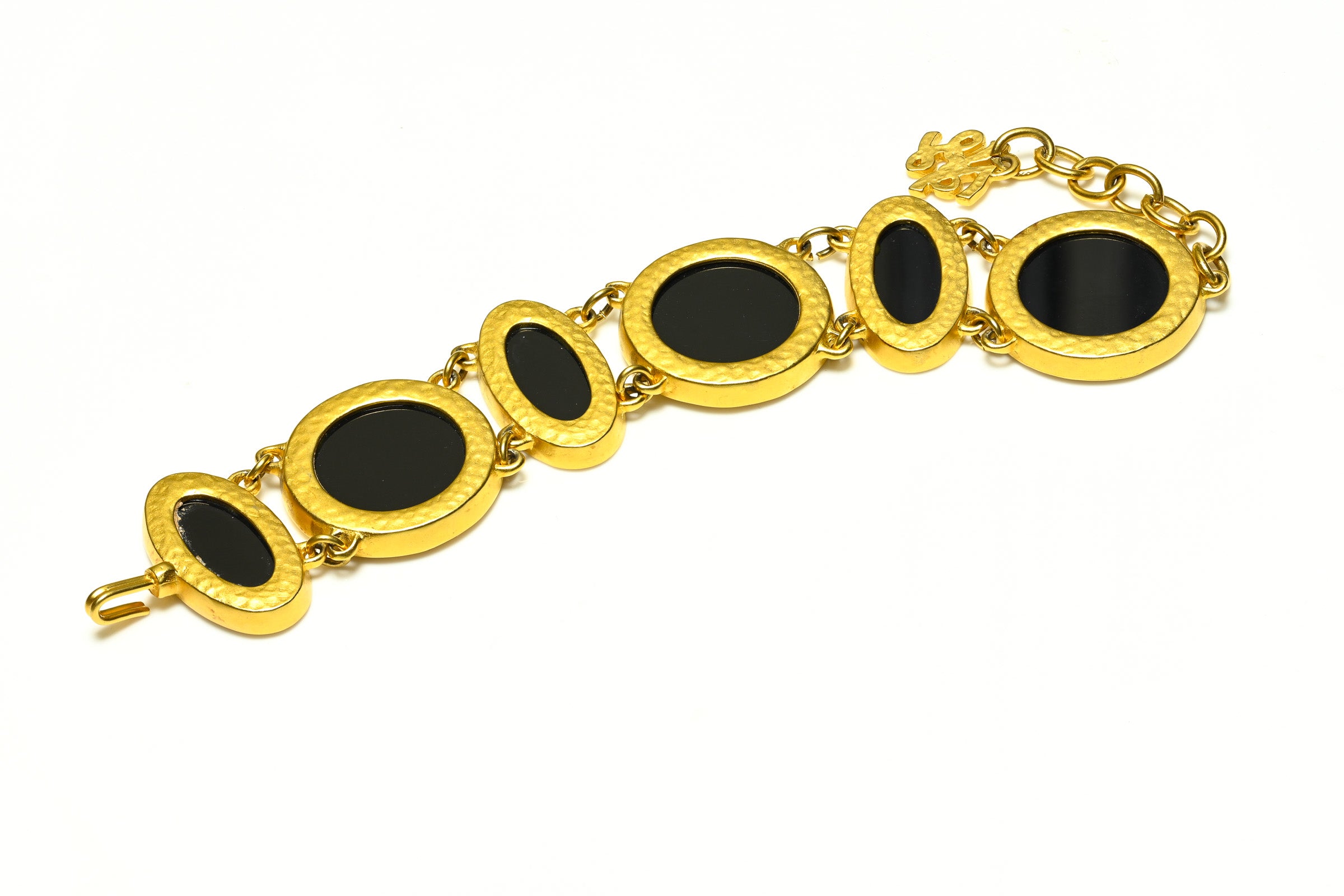 Vintage Karl Lagerfeld Gold Plated Black Resin Face Coin Bracelet 2