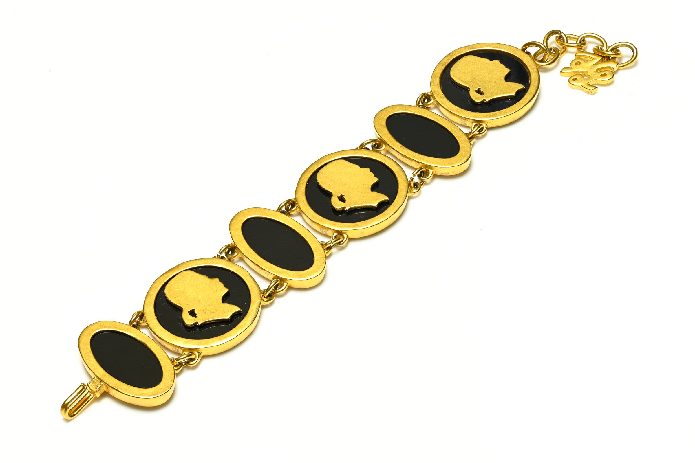 Vintage Karl Lagerfeld Gold Plated Black Resin Face Coin Bracelet